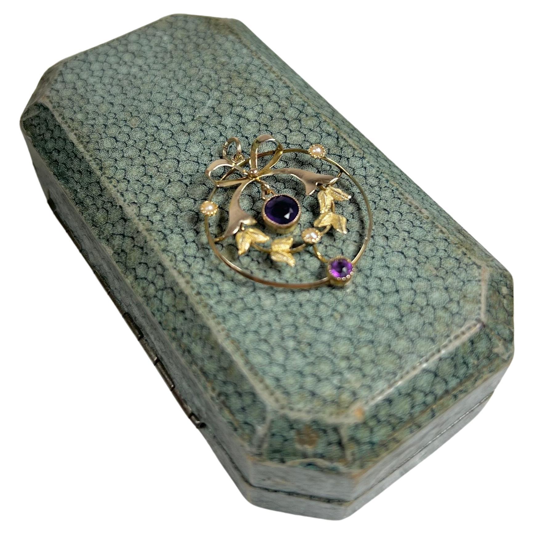 Antique 9ct Gold Edwardian Amethyst & Seed Pearl Pendant For Sale