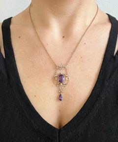 Antique 9ct Gold, Edwardian Amethyst & Seed Pearl Pendant Necklace