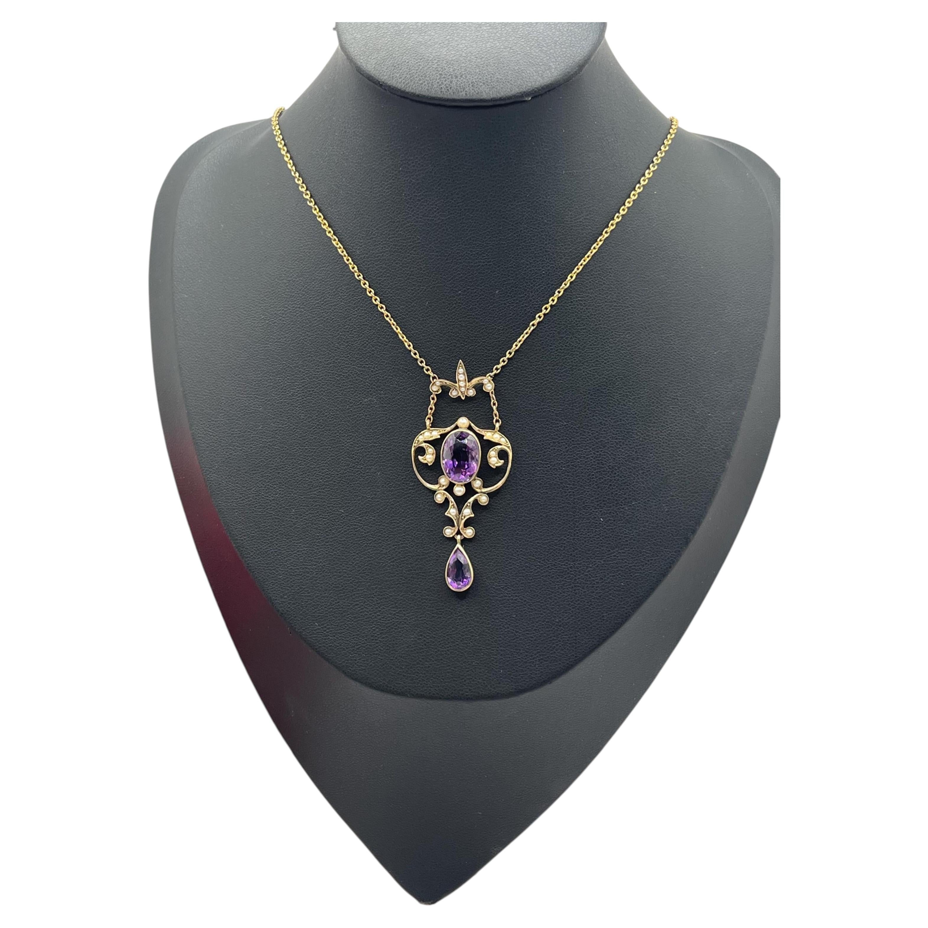 Collier ancien en or 9ct, pendentif édouardien en améthyste et perles de rocaille