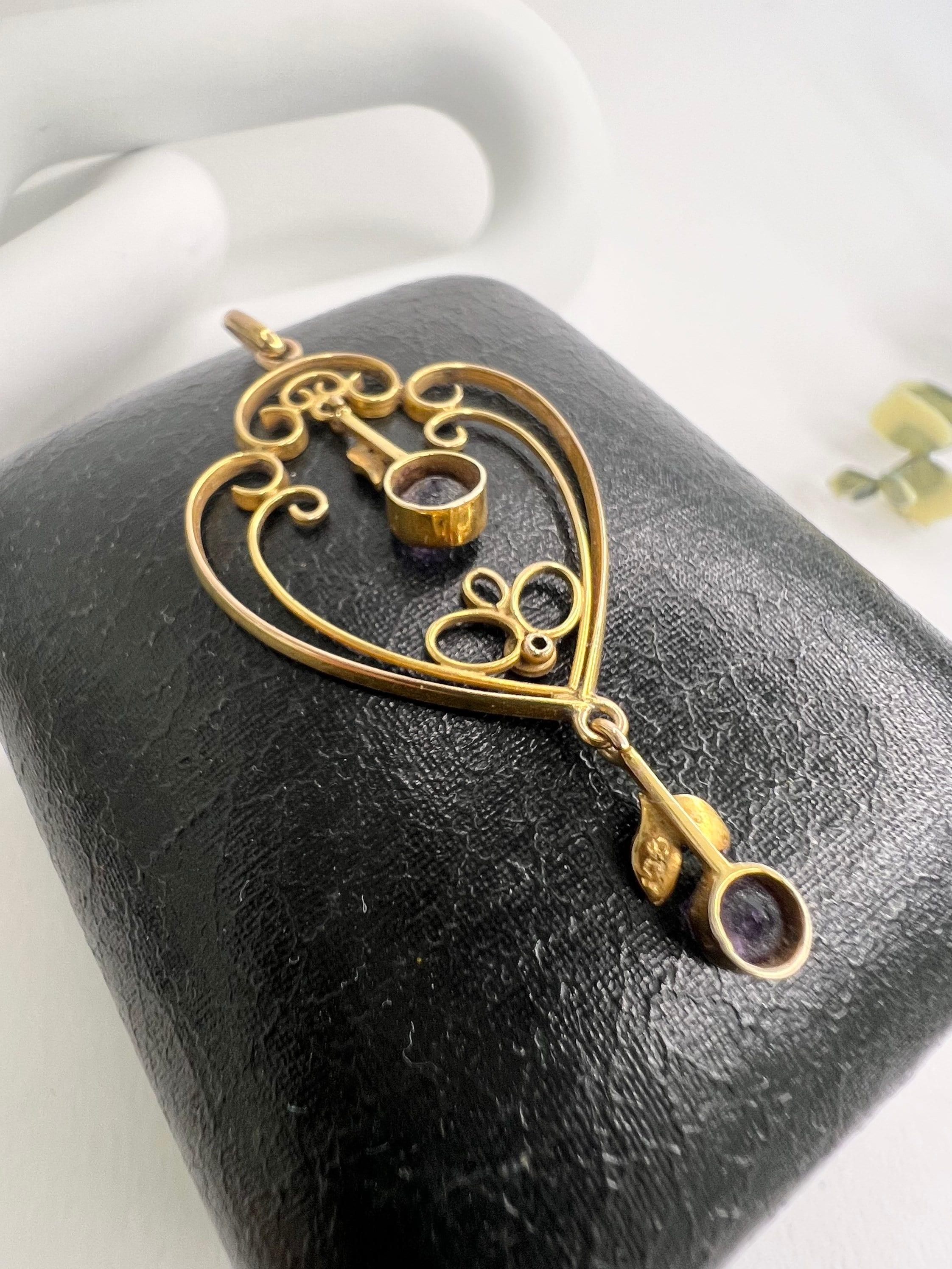 Antique 9ct Gold Edwardian Amethyst & Seed Pearl Pendent For Sale 5