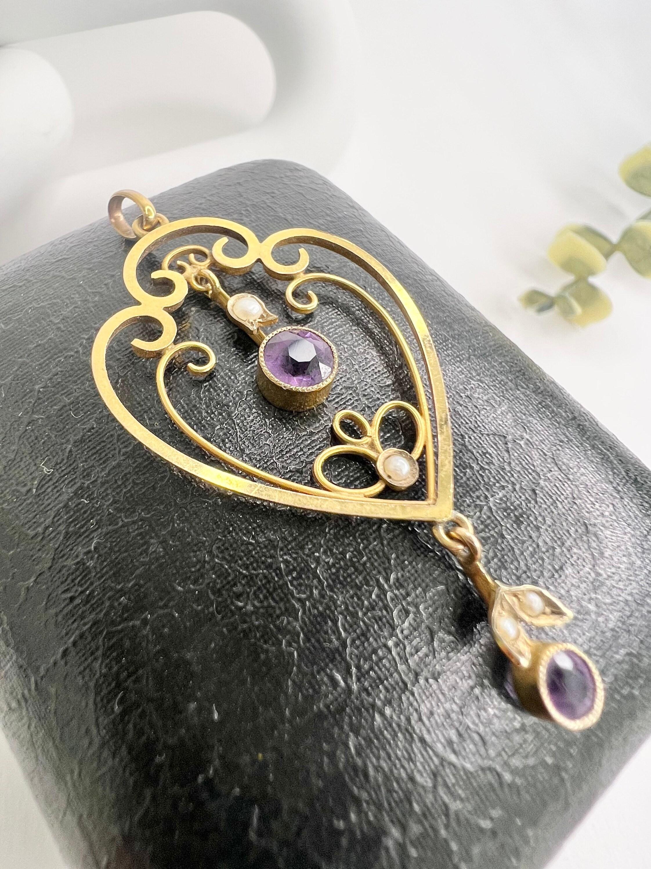 Antique 9ct Gold Edwardian Amethyst & Seed Pearl Pendent For Sale 1