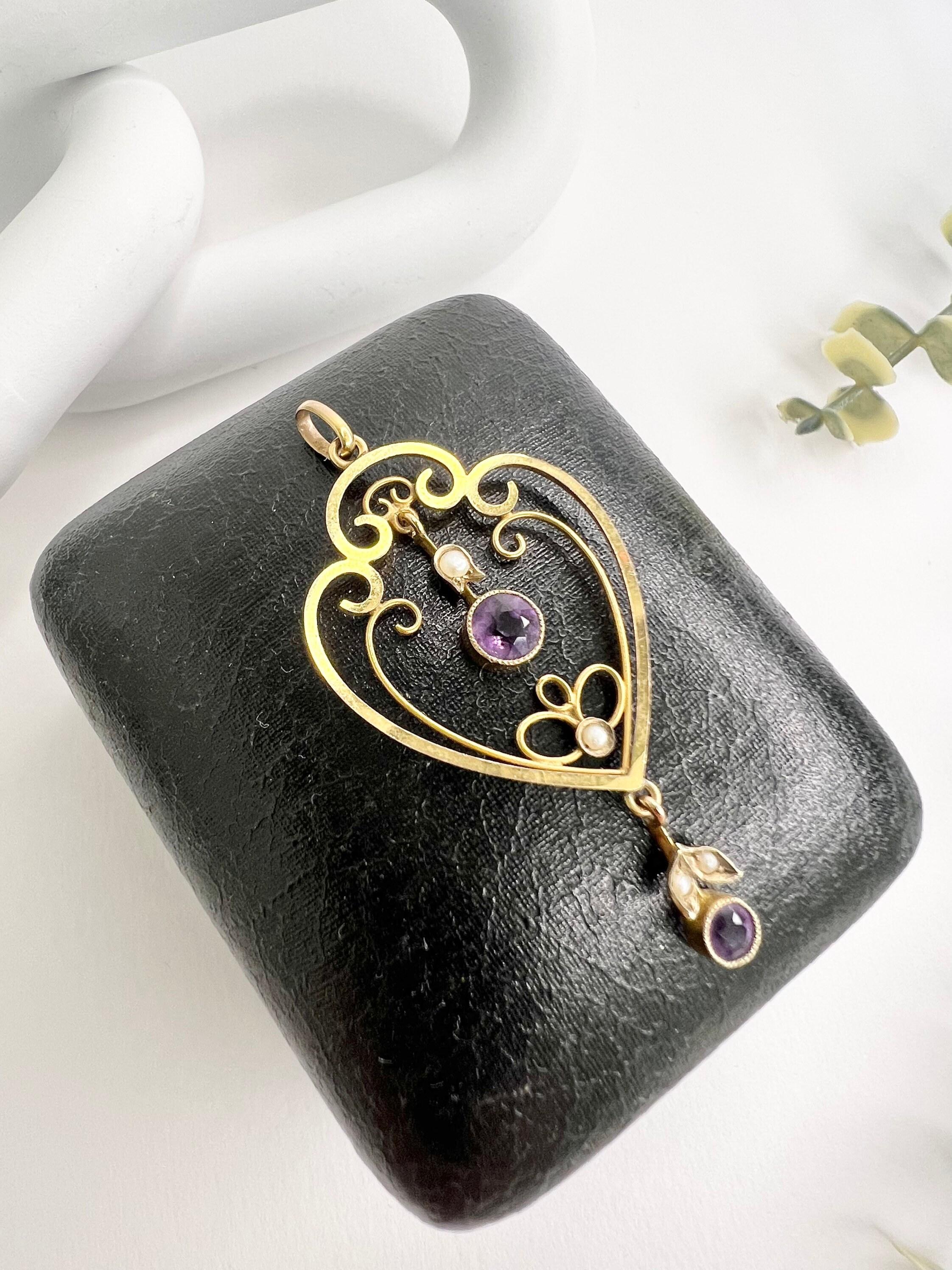Antique 9ct Gold Edwardian Amethyst & Seed Pearl Pendent For Sale 4