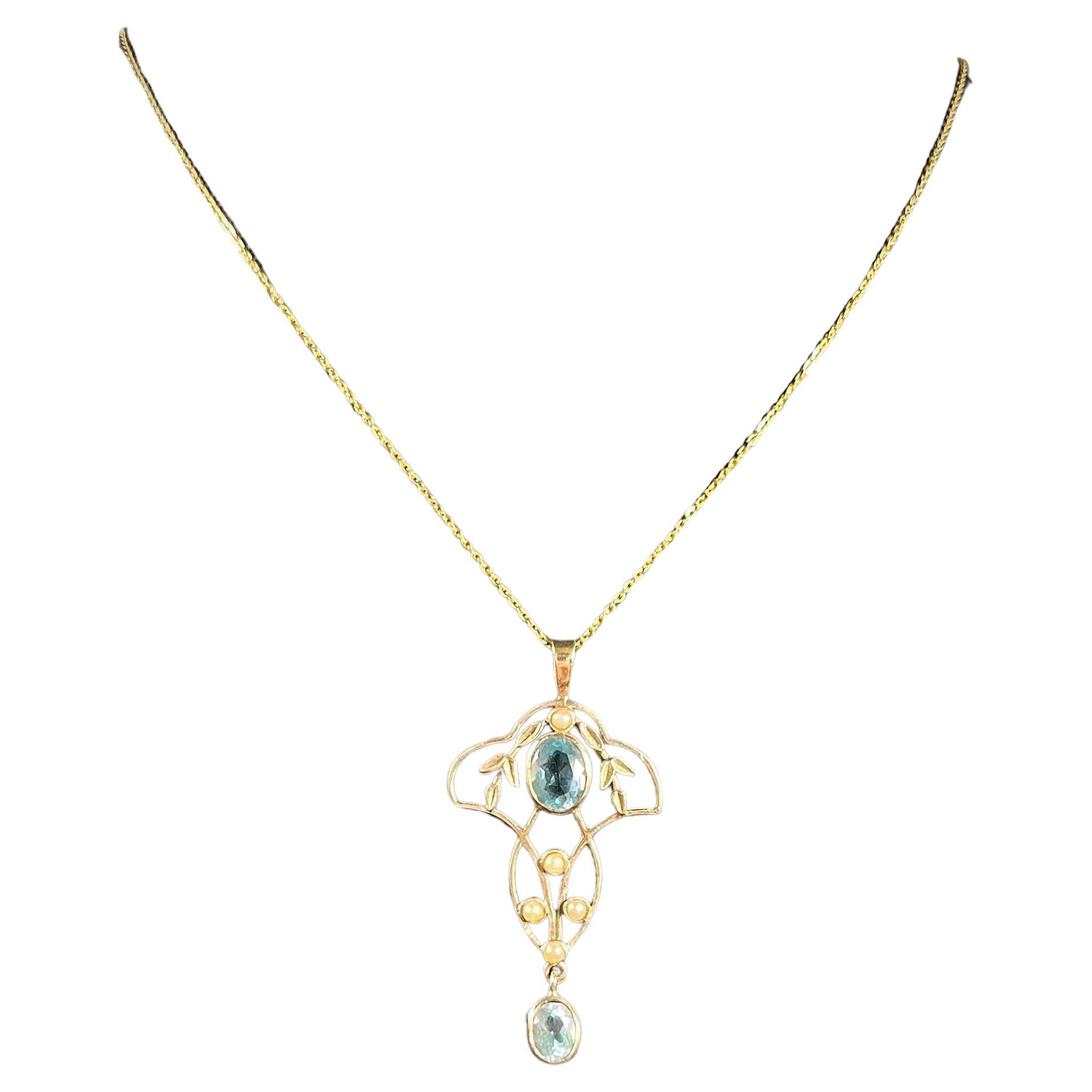 Antique 9ct Gold Edwardian Aquamarine & Pearl Pendant