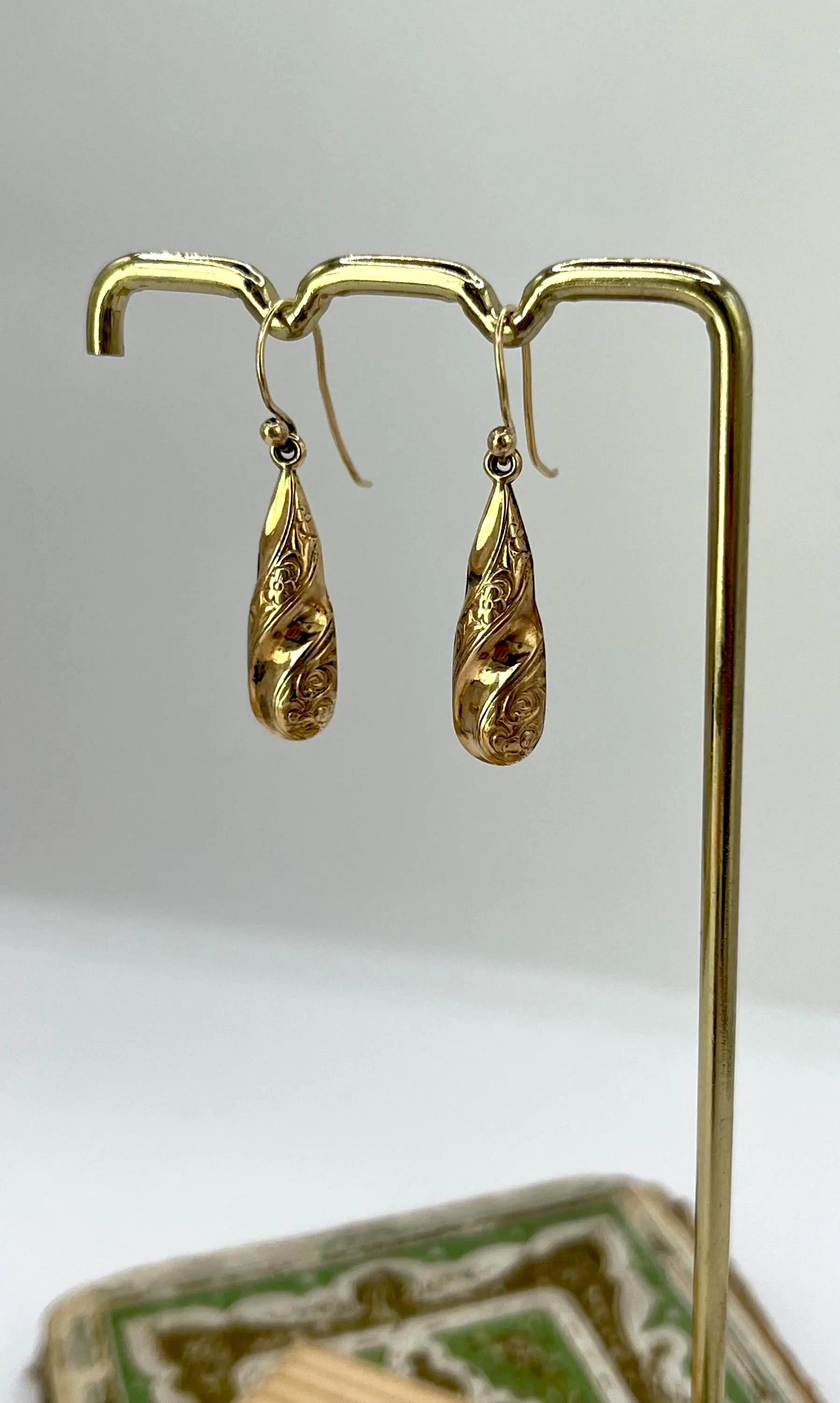Pendientes de gota eduardianos antiguos de oro de 9 ct, circa 1920 en venta 5