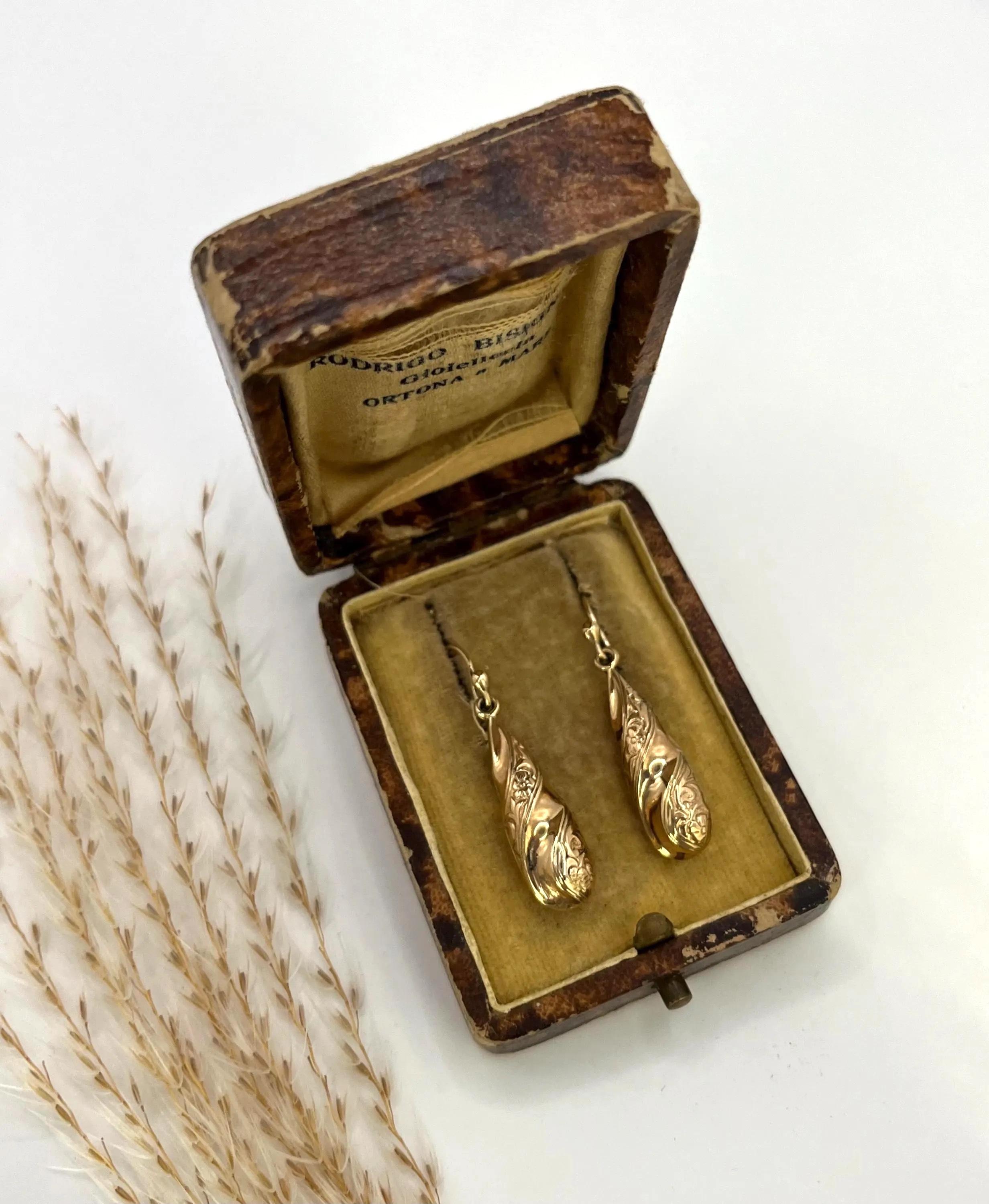 Pendientes de gota eduardianos antiguos de oro de 9 ct, circa 1920 en venta 1