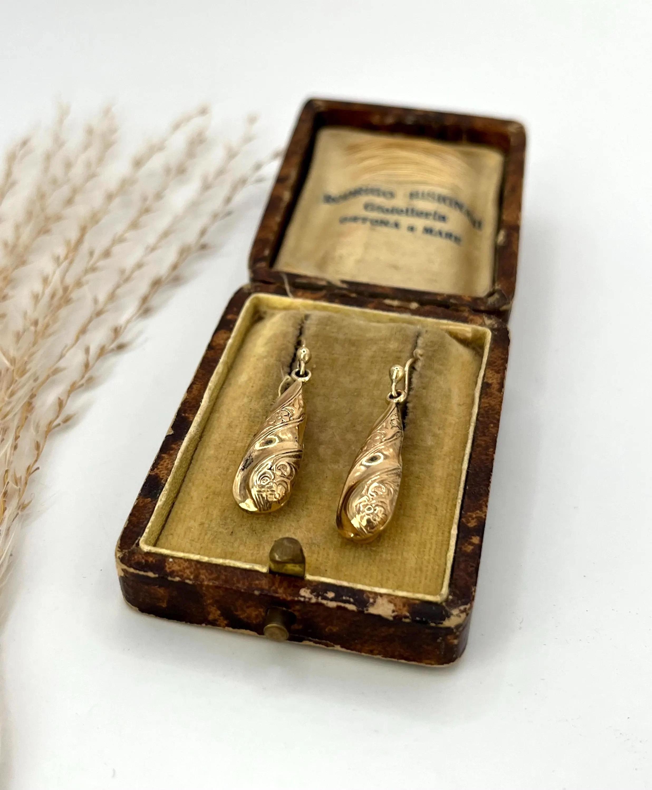 Pendientes de gota eduardianos antiguos de oro de 9 ct, circa 1920 en venta 2