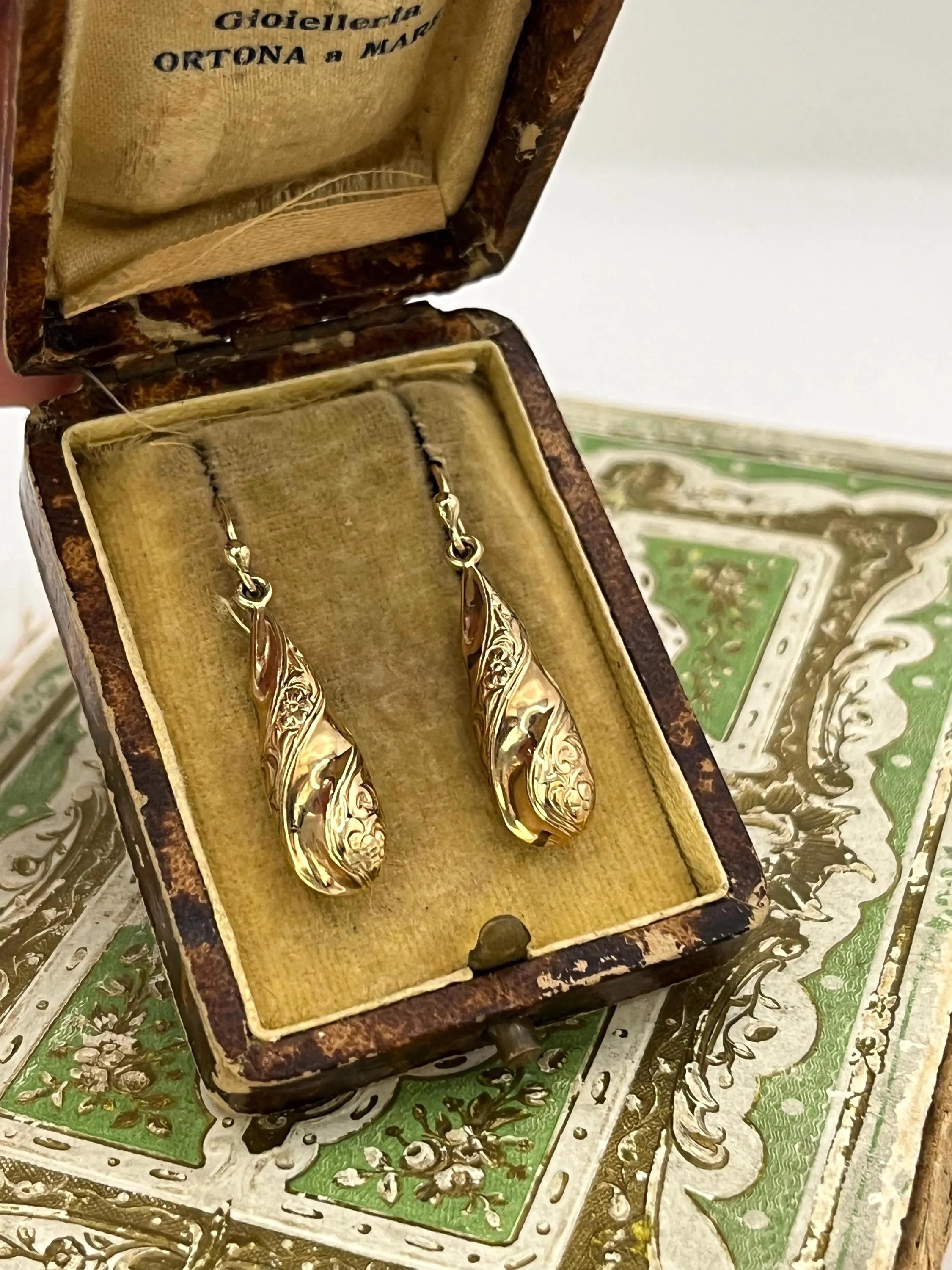 Pendientes de gota eduardianos antiguos de oro de 9 ct, circa 1920 en venta 3