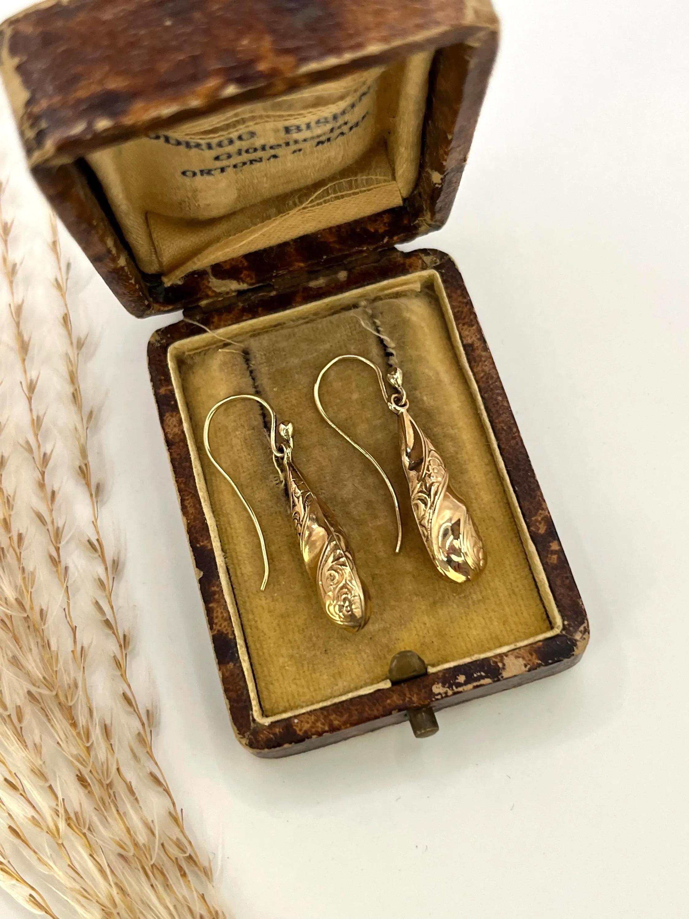 Pendientes de gota eduardianos antiguos de oro de 9 ct, circa 1920 en venta 4