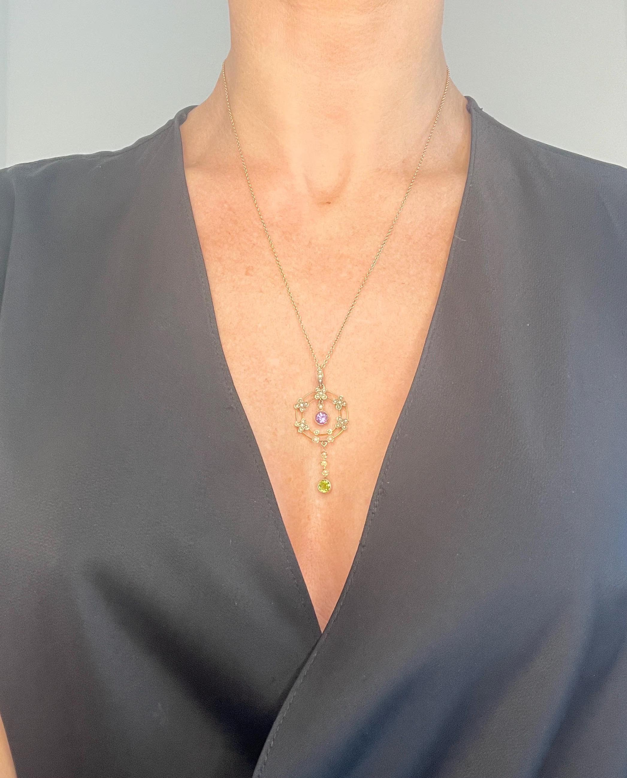 Antique 9ct Gold, Edwardian era Amethyst, Peridot & Pearl Suffragette Pendent For Sale 6
