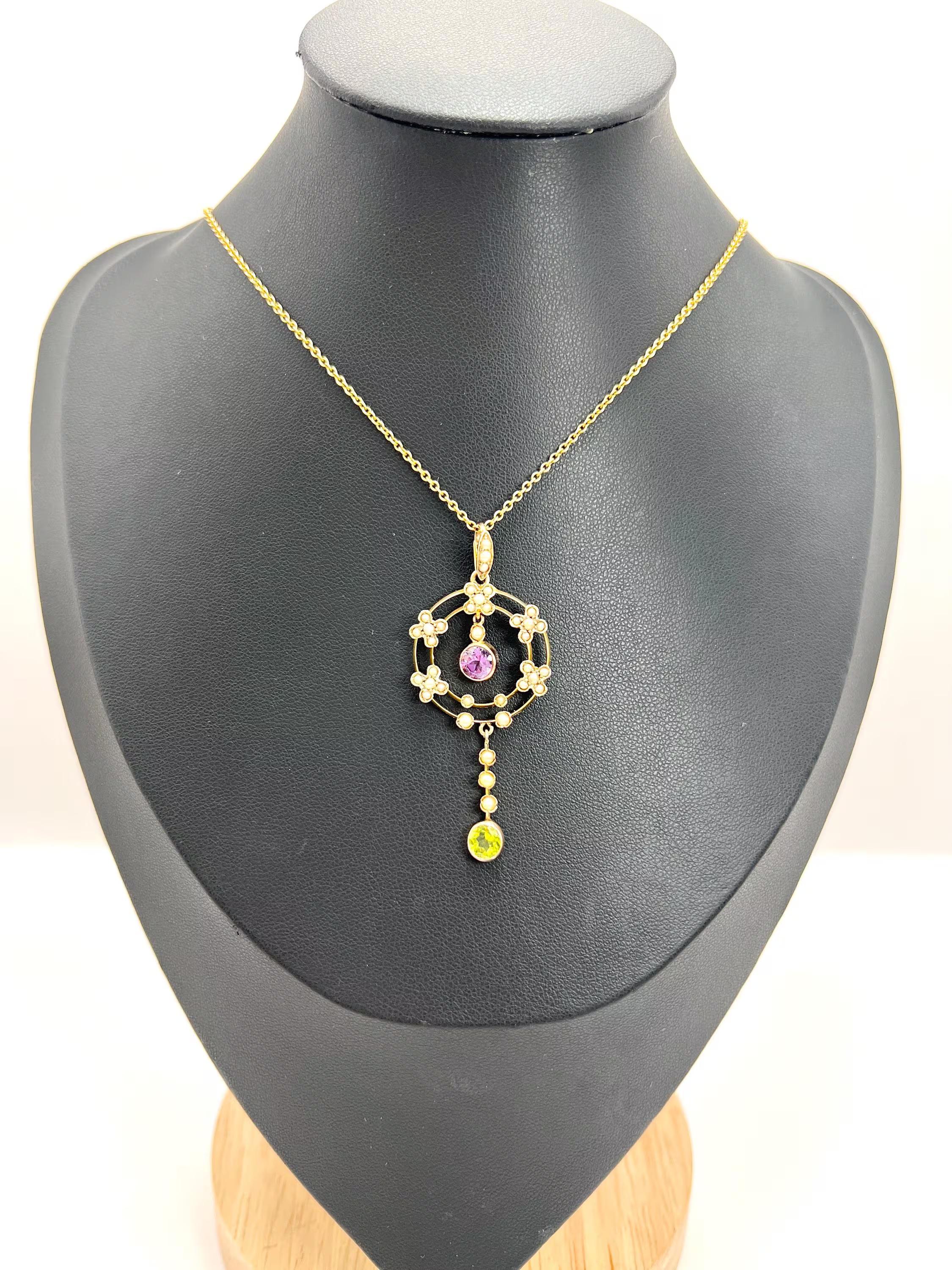 Round Cut Antique 9ct Gold, Edwardian era Amethyst, Peridot & Pearl Suffragette Pendent For Sale