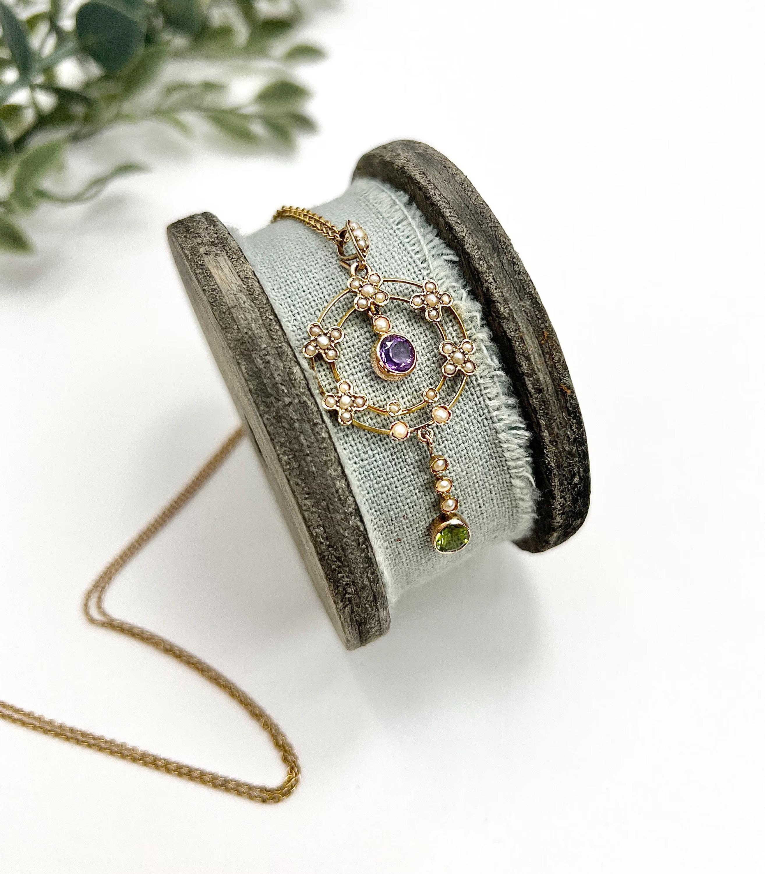 Women's or Men's Antique 9ct Gold, Edwardian era Amethyst, Peridot & Pearl Suffragette Pendent For Sale