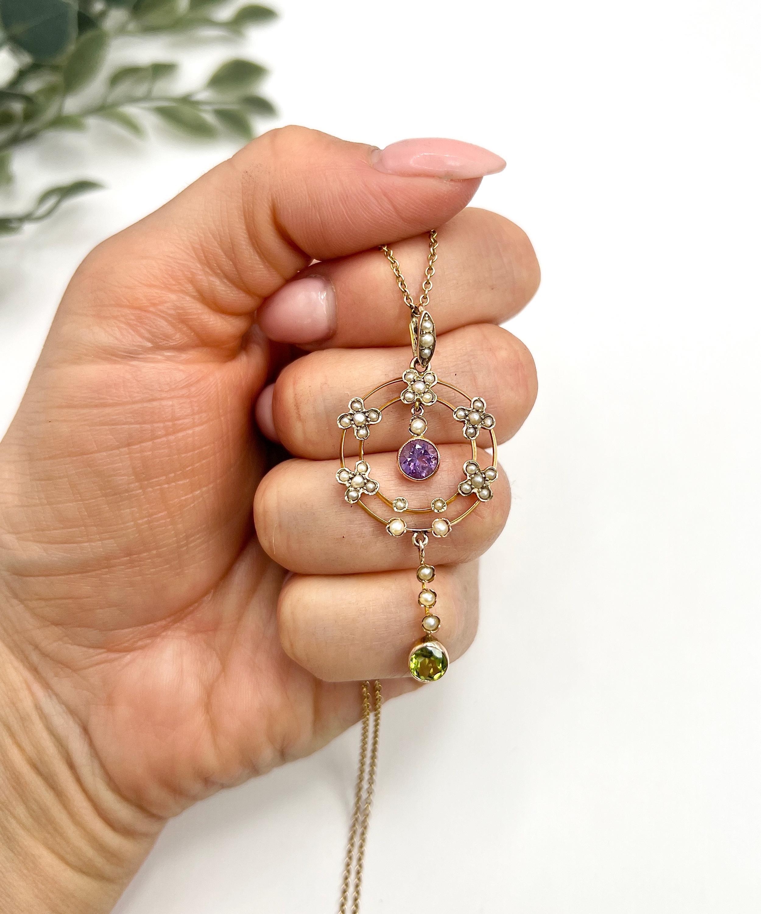 Antique 9ct Gold, Edwardian era Amethyst, Peridot & Pearl Suffragette Pendent For Sale 1