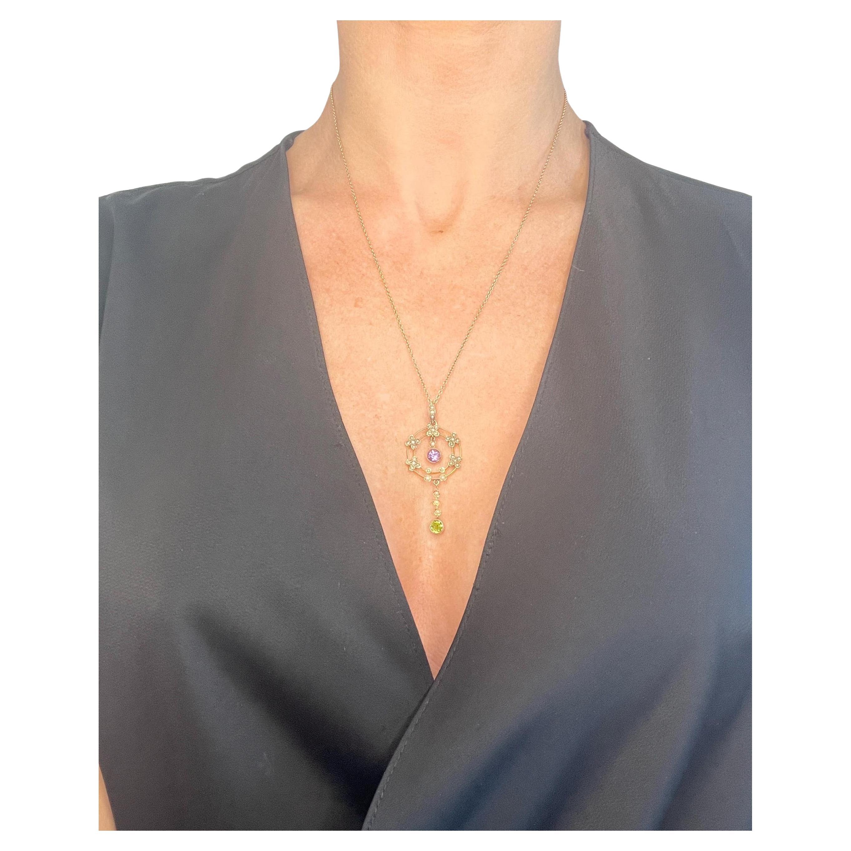 Antique 9ct Gold, Edwardian era Amethyst, Peridot & Pearl Suffragette Pendent For Sale