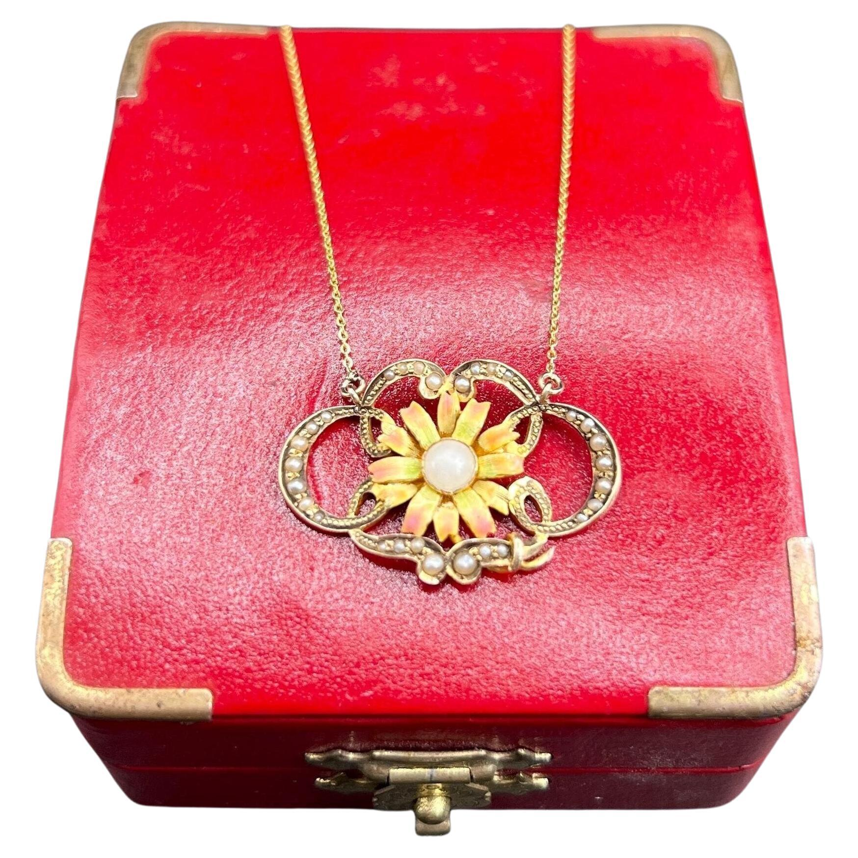 Antique 9ct Gold Edwardian era Enamel & Pearl Sunflower Floral Pendant Necklace