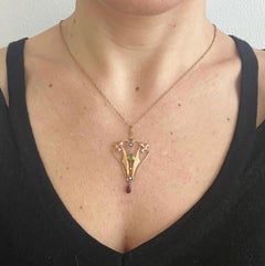 Antique 9ct Gold, Edwardian era Garnet, Peridot & Seed Pearl Suffragette Pendant