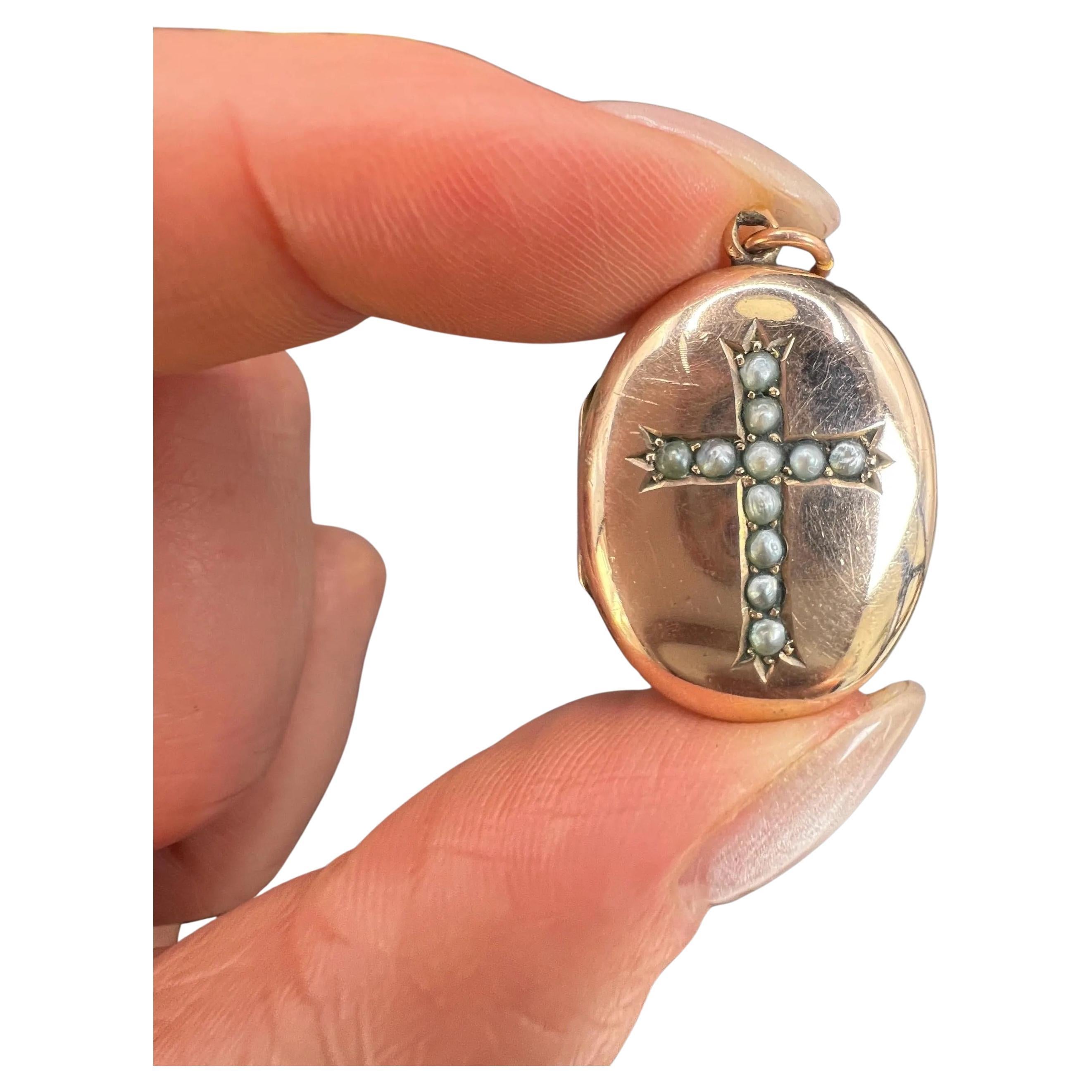 Antique 9ct Gold, Edwardian era Seed Pearl Cross Oval Shaped Locket