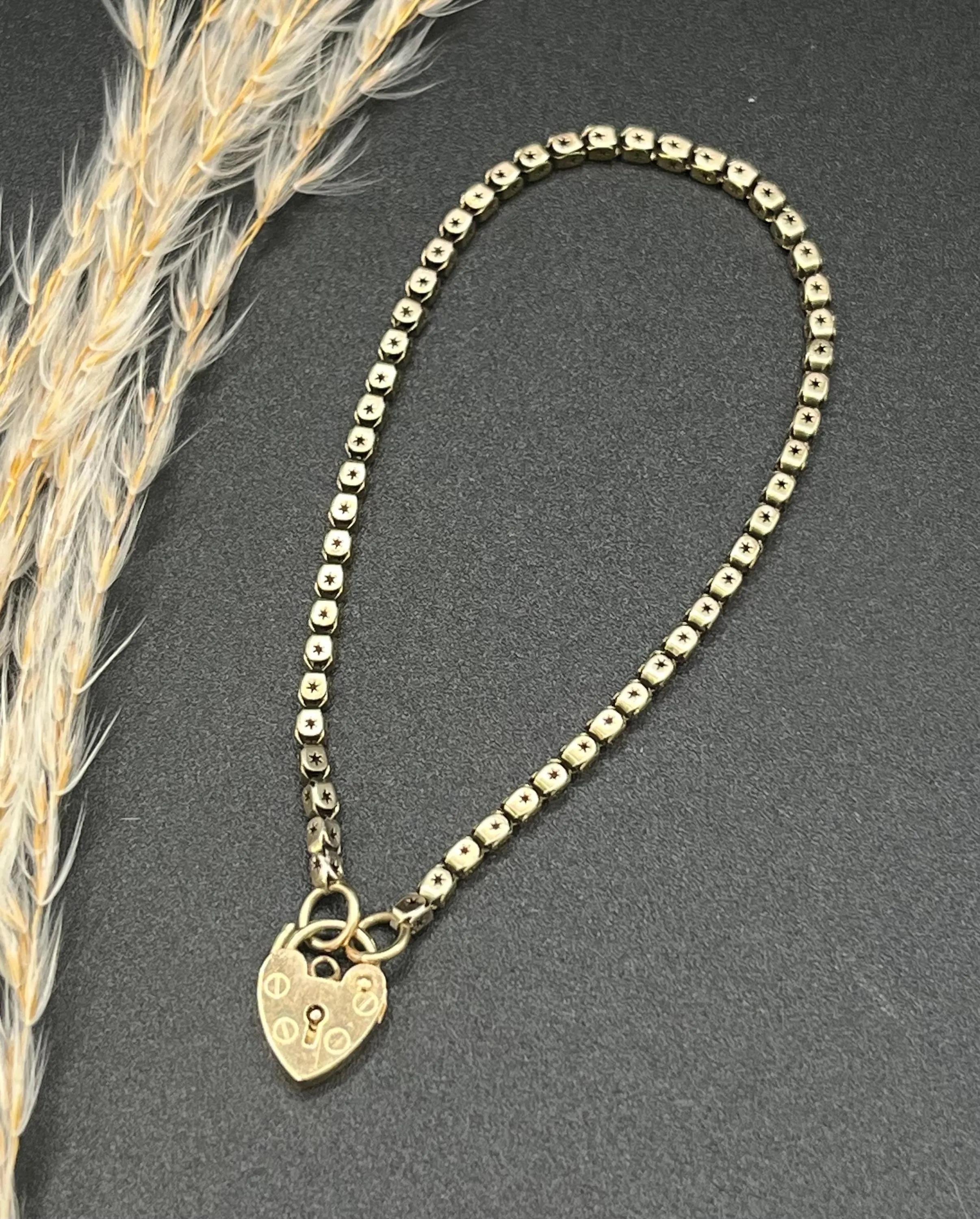 Women's or Men's Antique 9ct Gold, Edwardian Fancy Fancy Box Link Bracelet with Heart Padlock For Sale