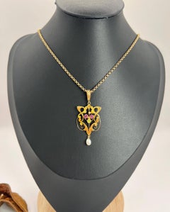 Antiker 9 Karat Gold Edwardianischer Granat Zuchtperlen & Peridot Suffragette Anhänger
