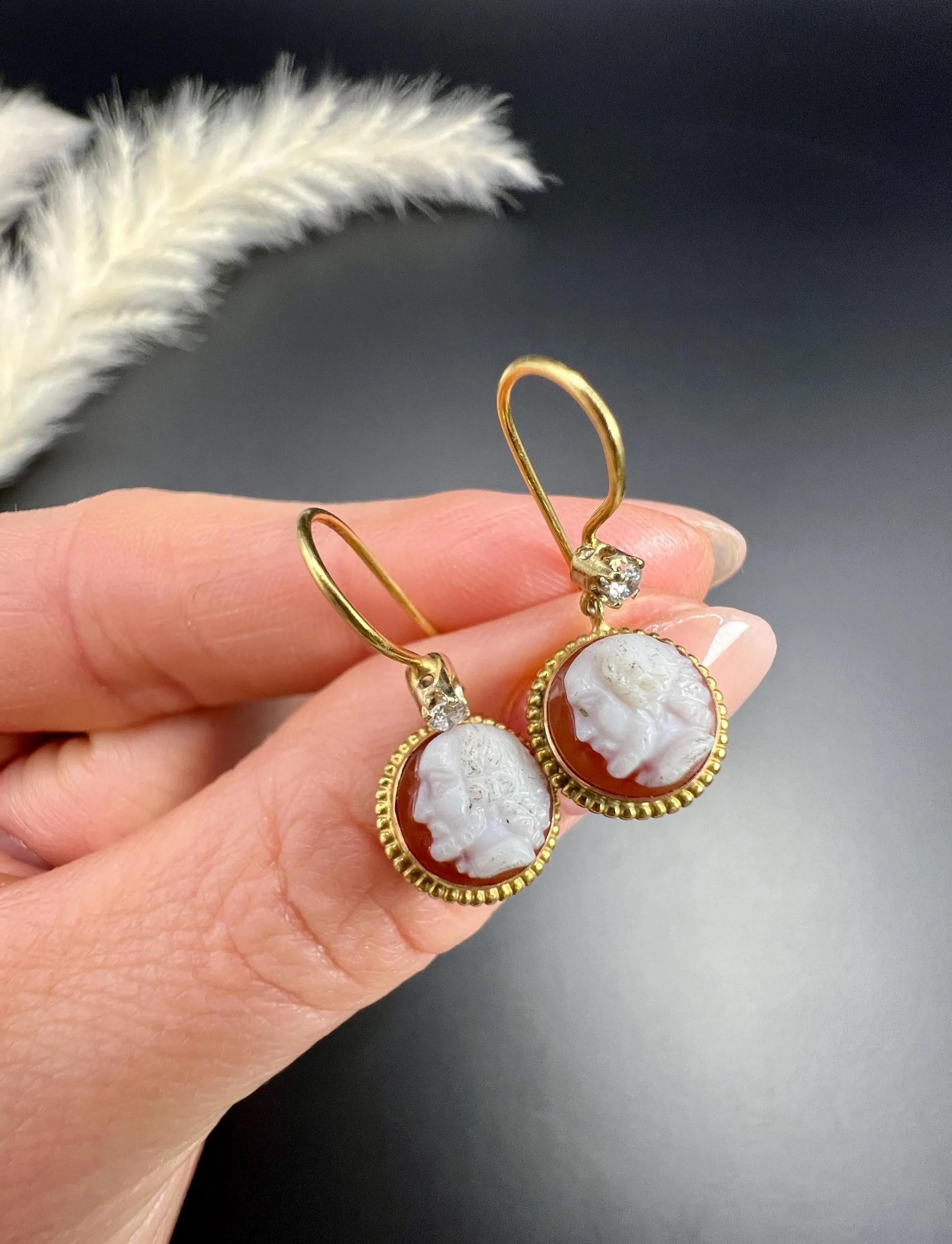 Antiquities 9ct Gold, Edwardian Hardstone Shell Cameo & Diamond Dangle Earrings Bon état - En vente à Brighton, GB
