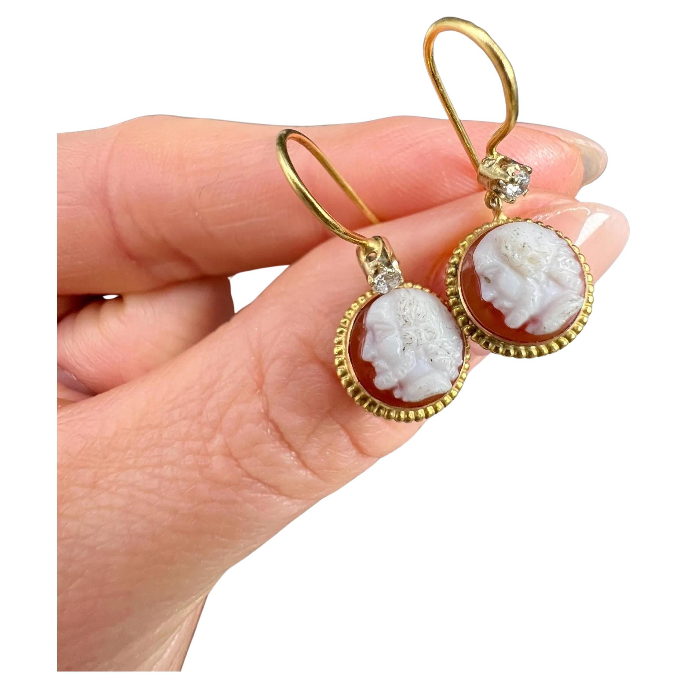 Antique 9ct Gold, Edwardian Hardstone Shell Cameo & Diamond Drop Dangle Earrings