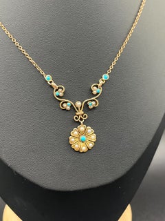 Antique 9ct Gold, Edwardian Pearl & Turquoise Flower Pendant