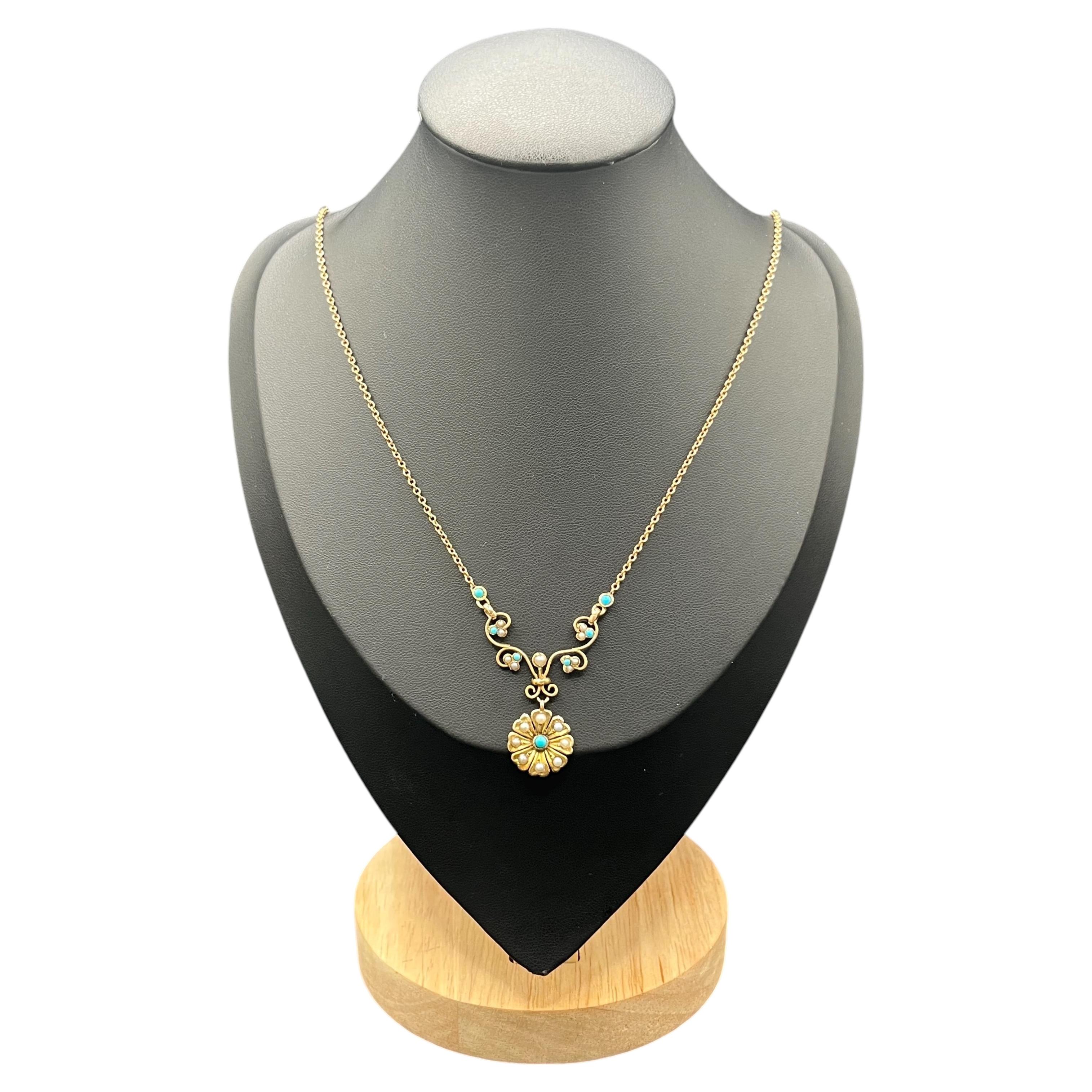 Colgante antiguo de oro de 9 ct, perla eduardiana y flor de turquesa