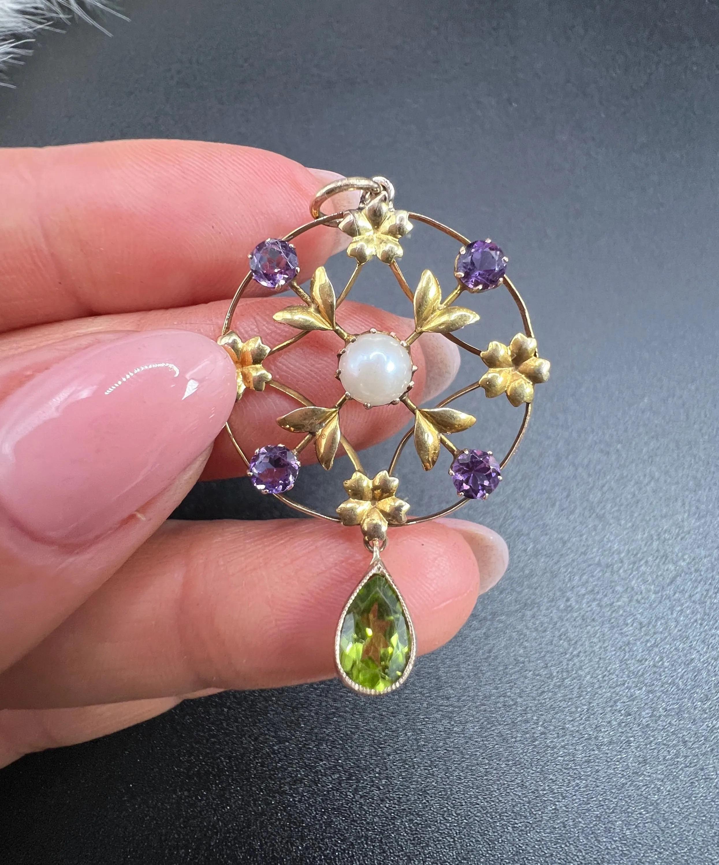 Antique 9ct Gold, Edwardian Peridot, Amethyst and Seed Pearl Suffragette Pendent 6