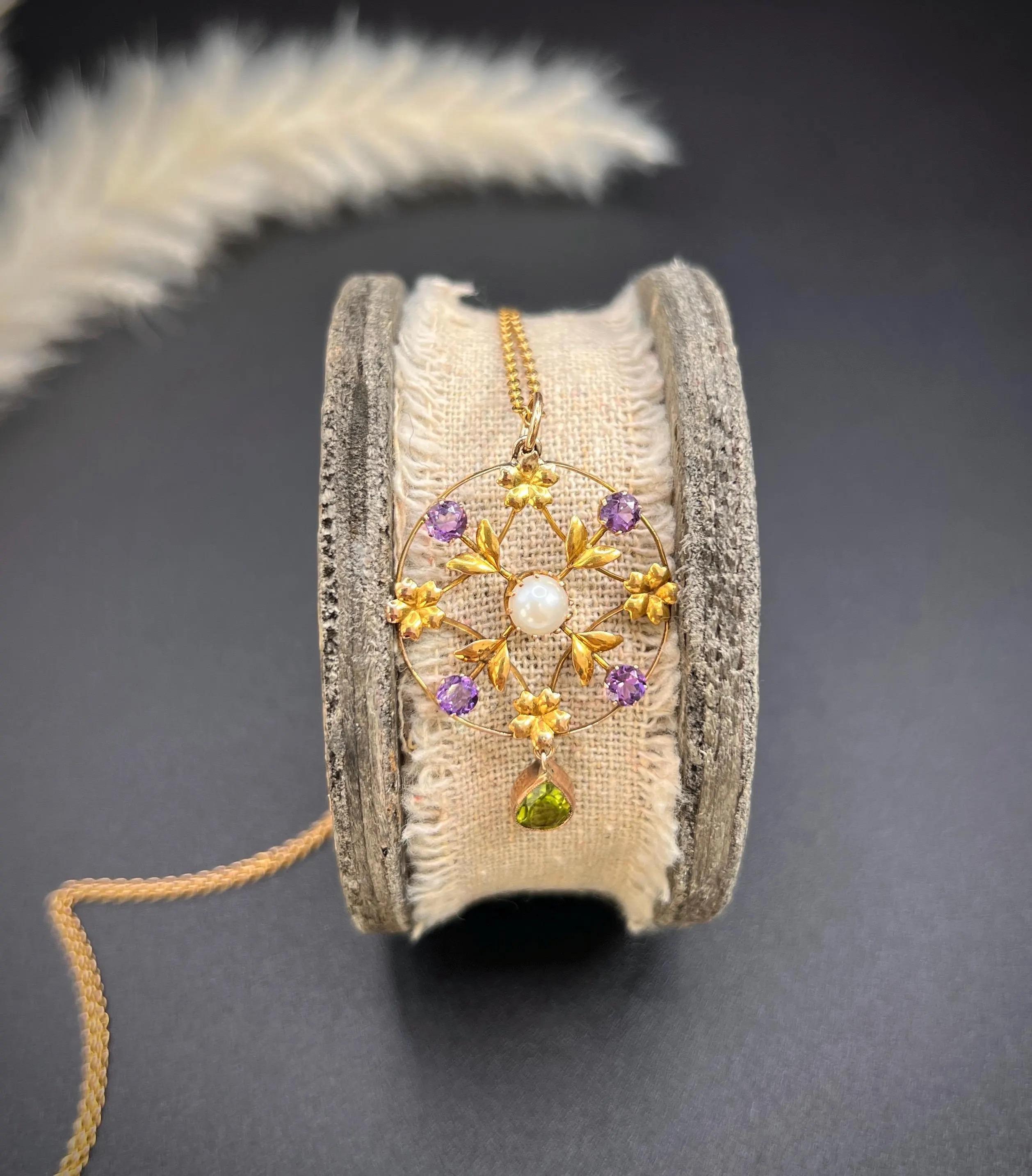 Round Cut Antique 9ct Gold, Edwardian Peridot, Amethyst and Seed Pearl Suffragette Pendent