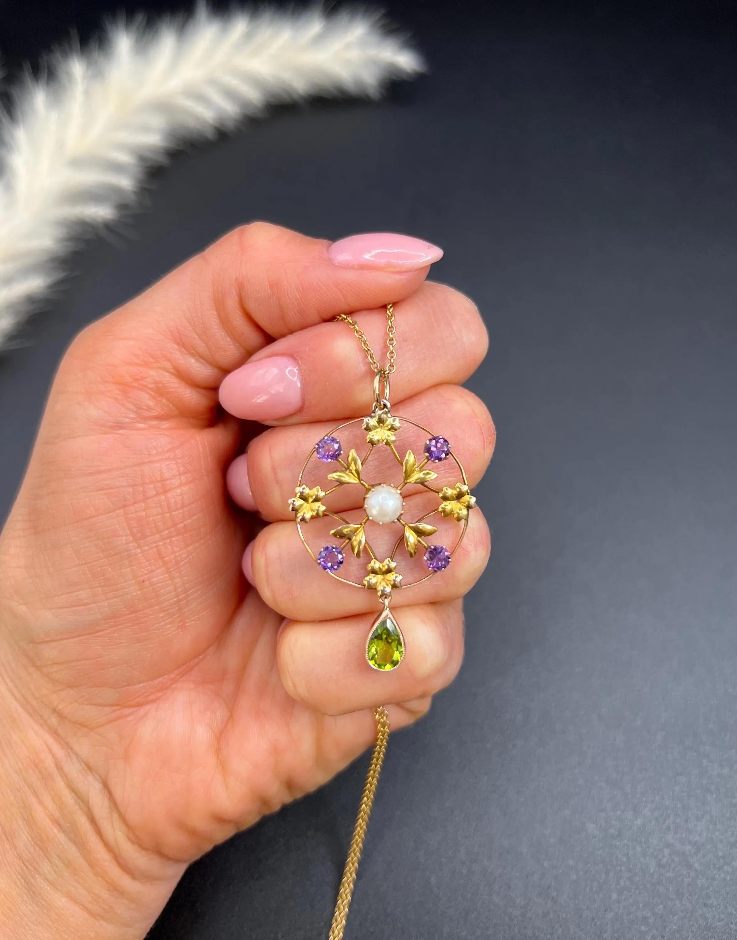 Women's or Men's Antique 9ct Gold, Edwardian Peridot, Amethyst and Seed Pearl Suffragette Pendent