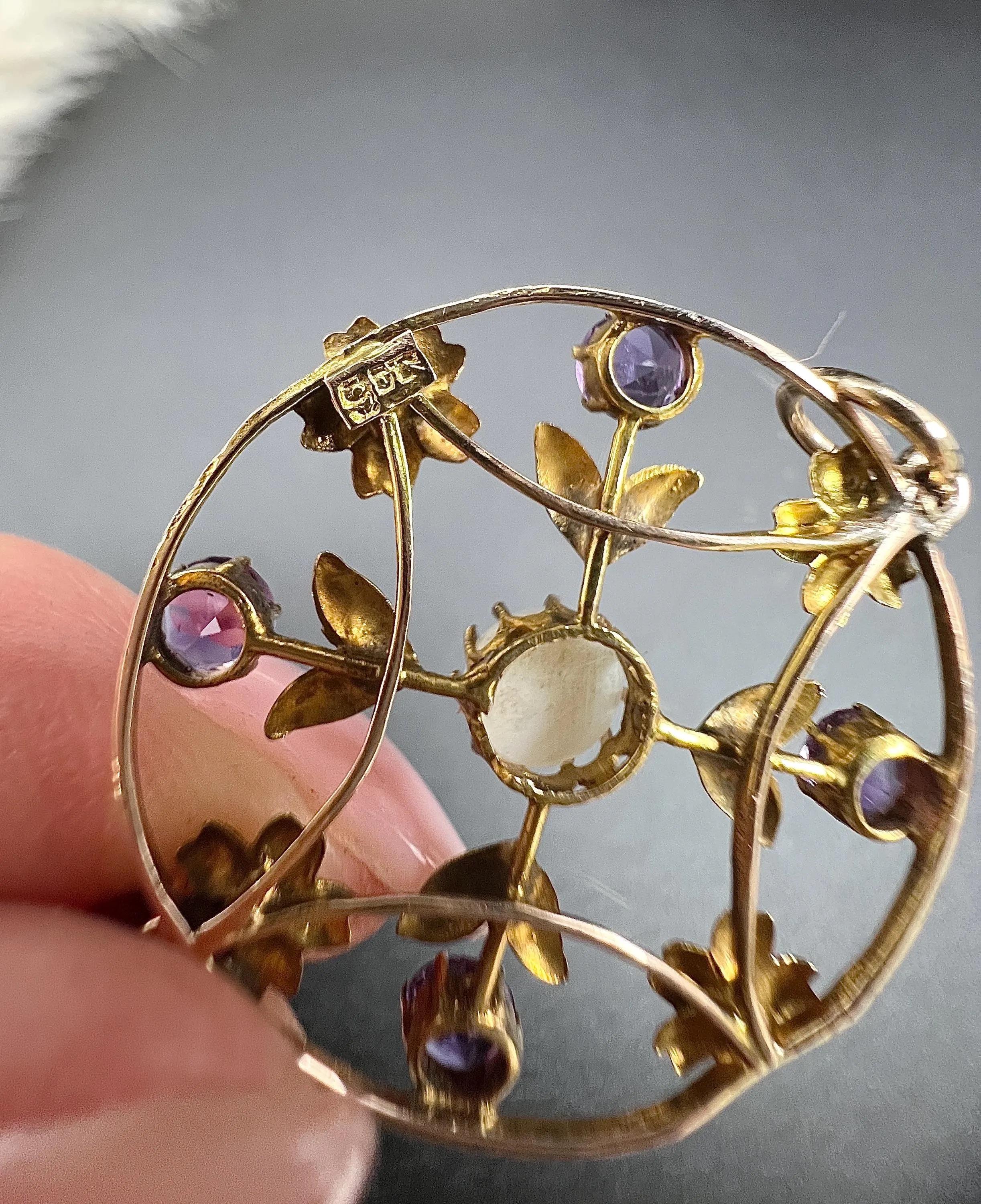 Antique 9ct Gold, Edwardian Peridot, Amethyst and Seed Pearl Suffragette Pendent 1