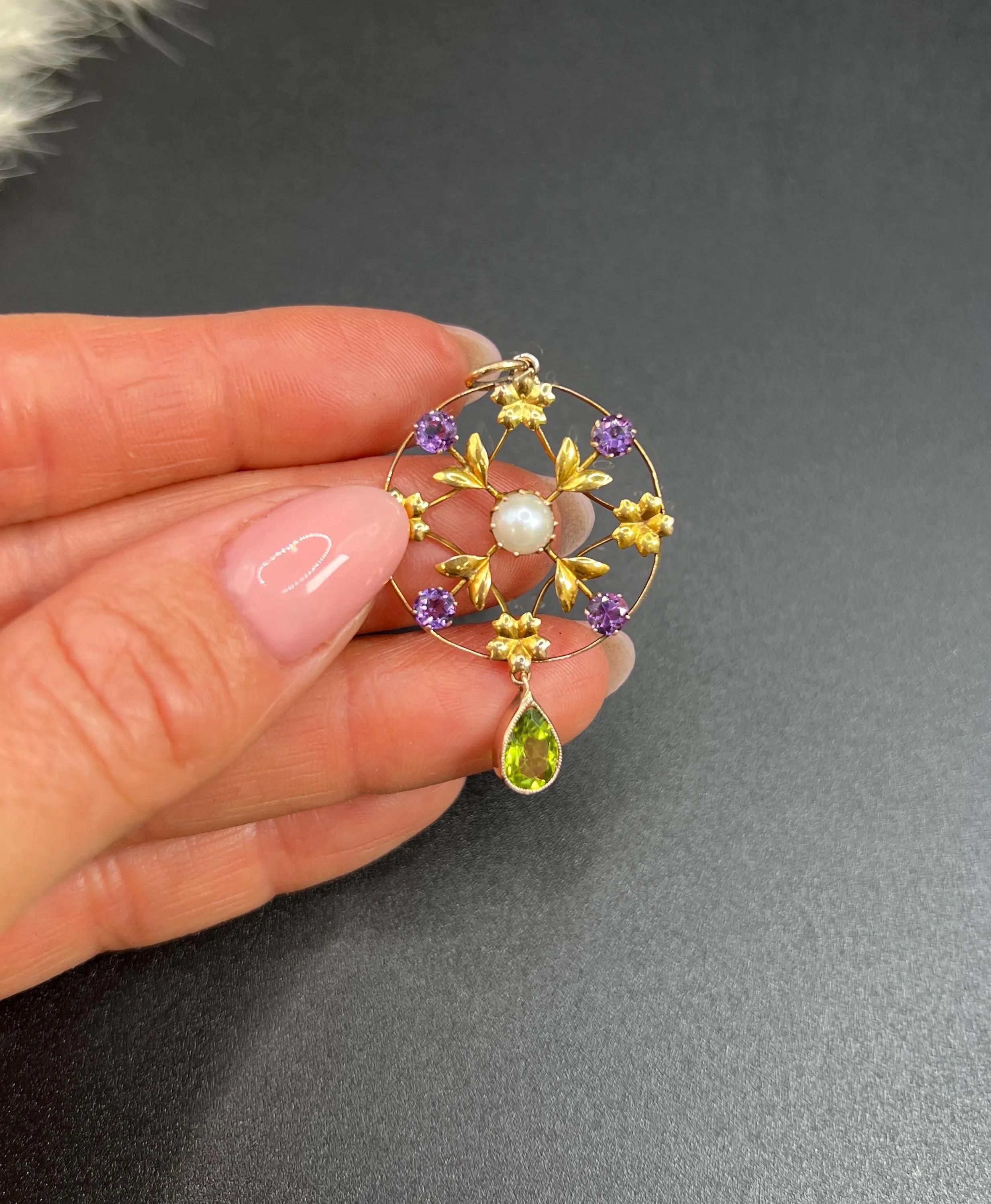 Antique 9ct Gold, Edwardian Peridot, Amethyst and Seed Pearl Suffragette Pendent 3