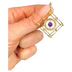 Antique 9ct Gold Edwardian, Peridot, Amethyst and Seed Pearl Suffragette Pendent