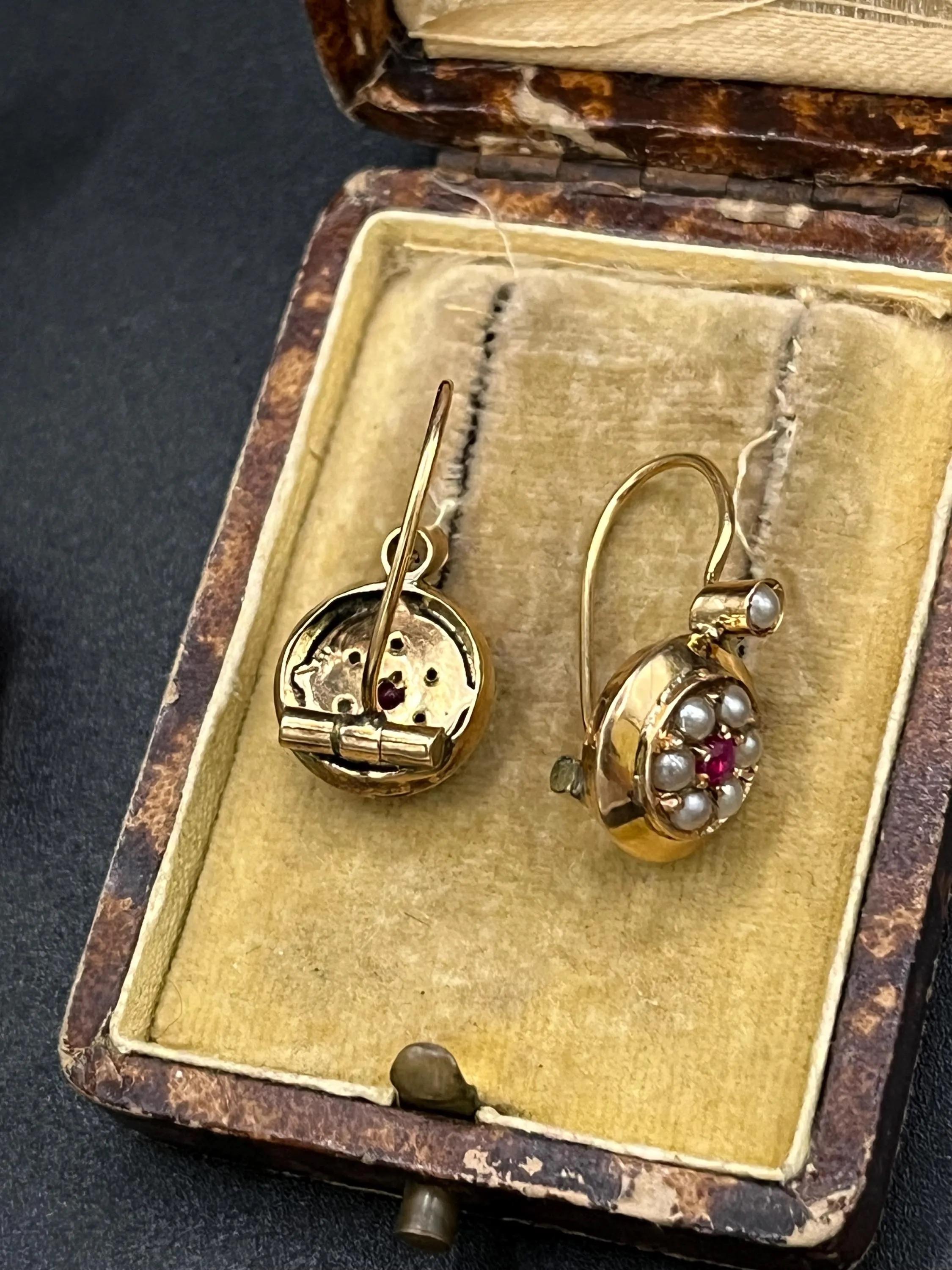 Boucles d'oreilles anciennes en or 9ct, Edwardian Rubis et Perles, Circa 1910 Bon état - En vente à Brighton, GB