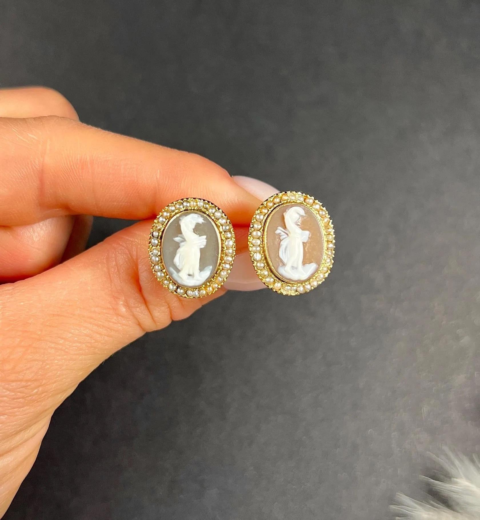 Round Cut Antique 9ct Gold, Edwardian Shell Cameo & Seed Pearl Stud Earrings For Sale