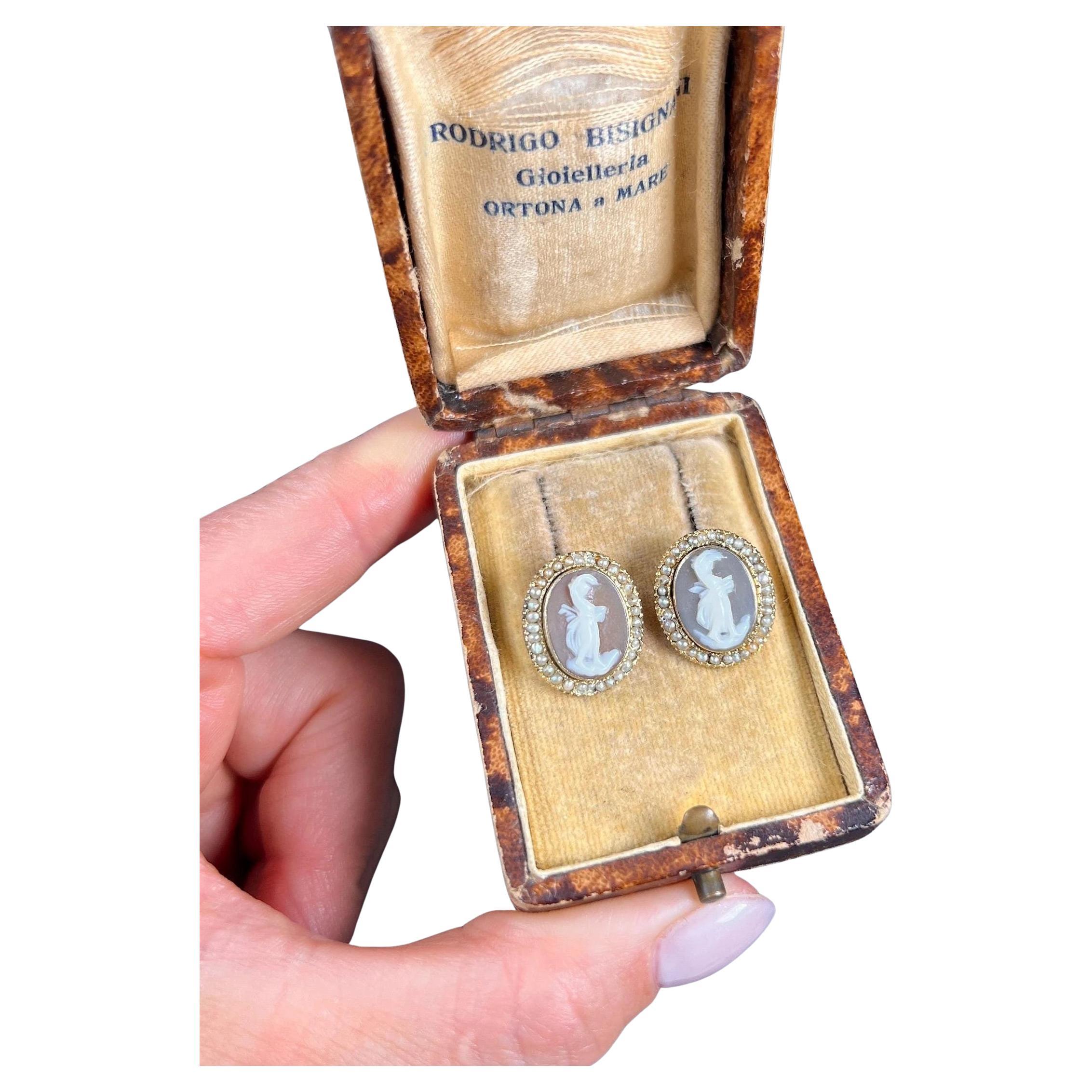 Antique 9ct Gold, Edwardian Shell Cameo & Seed Pearl Stud Earrings