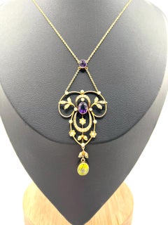 Antique 9ct Gold Edwardian Suffragette Pendant Necklace Amethyst Peridot & Pearl