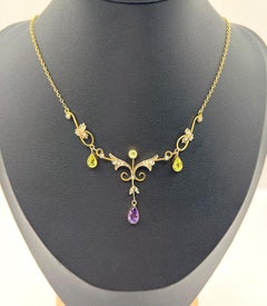 Antique 9ct Gold Edwardian Suffragette Pendant Necklace Amethyst Peridot & Pearl