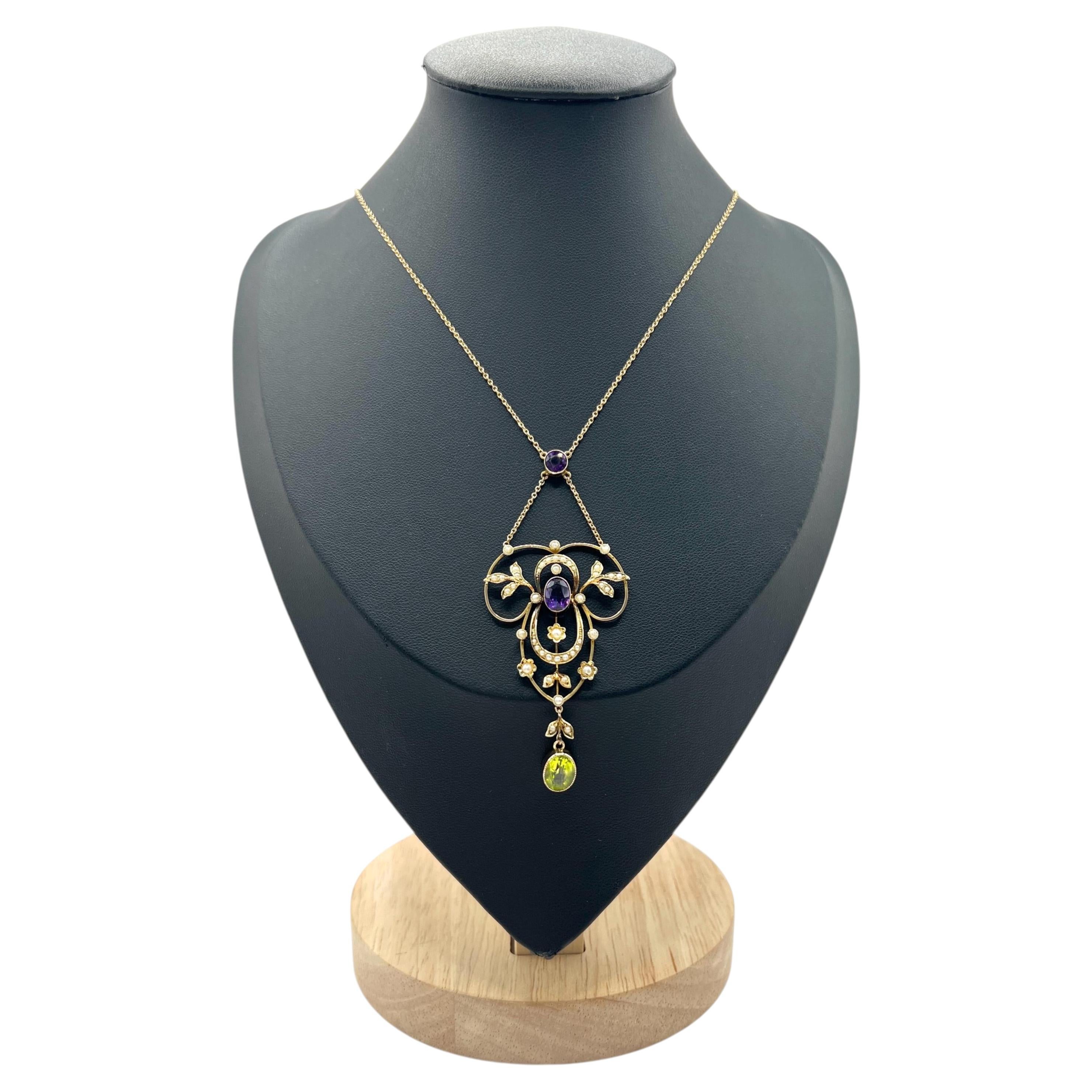 Collier pendentif Suffragette en or 9ct Edwardien Améthyste Péridot et Perle