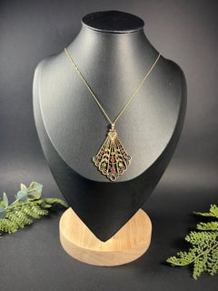 Antique 9ct Gold Edwardian Suffragette Tourmaline Peridot Seed Pearl Fan Pendant