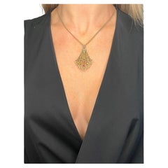 Antiguo Colgante Abanico Sufragista Edwardiano de Oro de 9 ct Turmalina Peridoto Perla Semilla