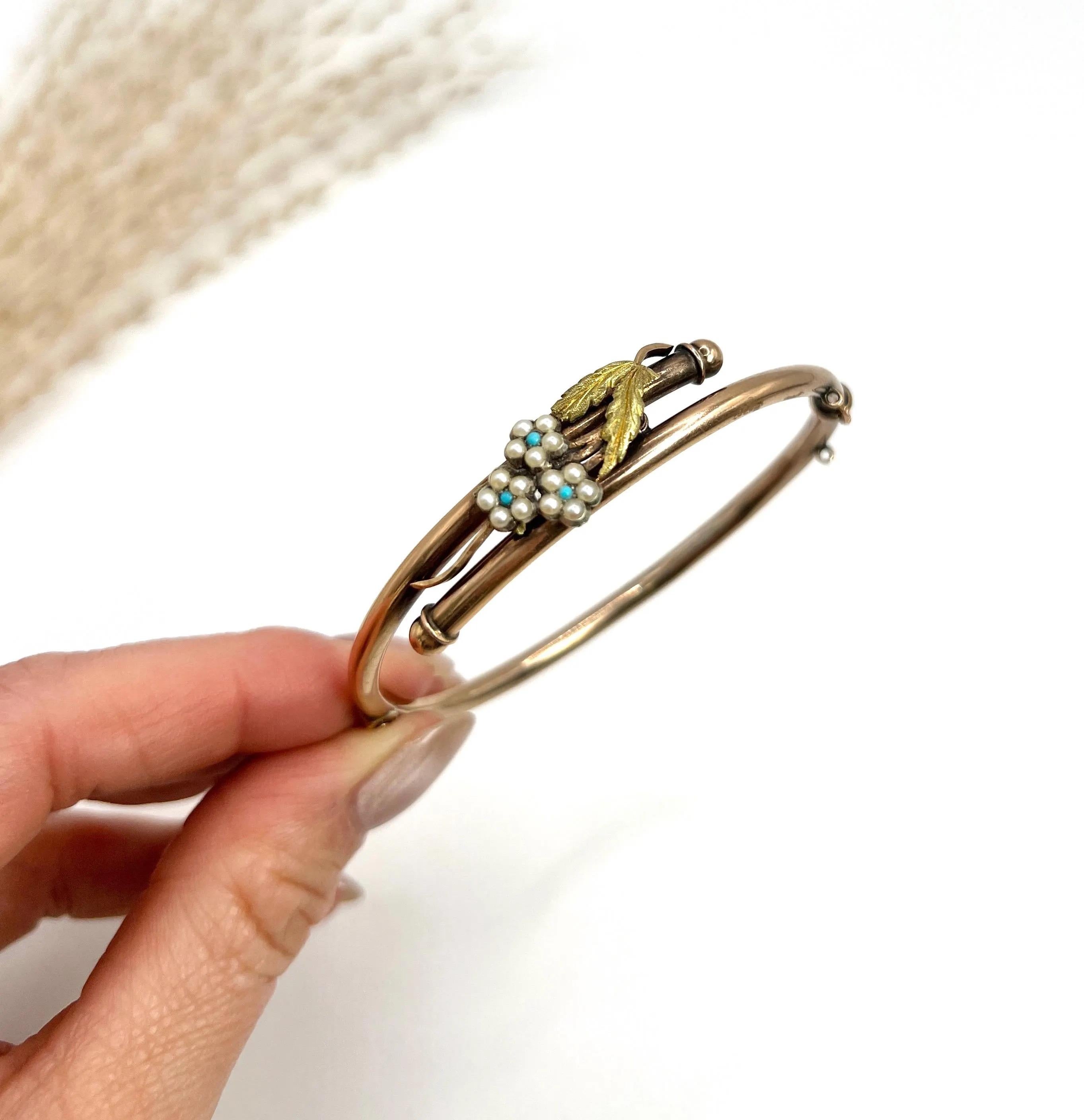 Round Cut Antique 9ct Gold, Edwardian Turquoise & Natural Seed Pearl Forget Me Not Bangle For Sale