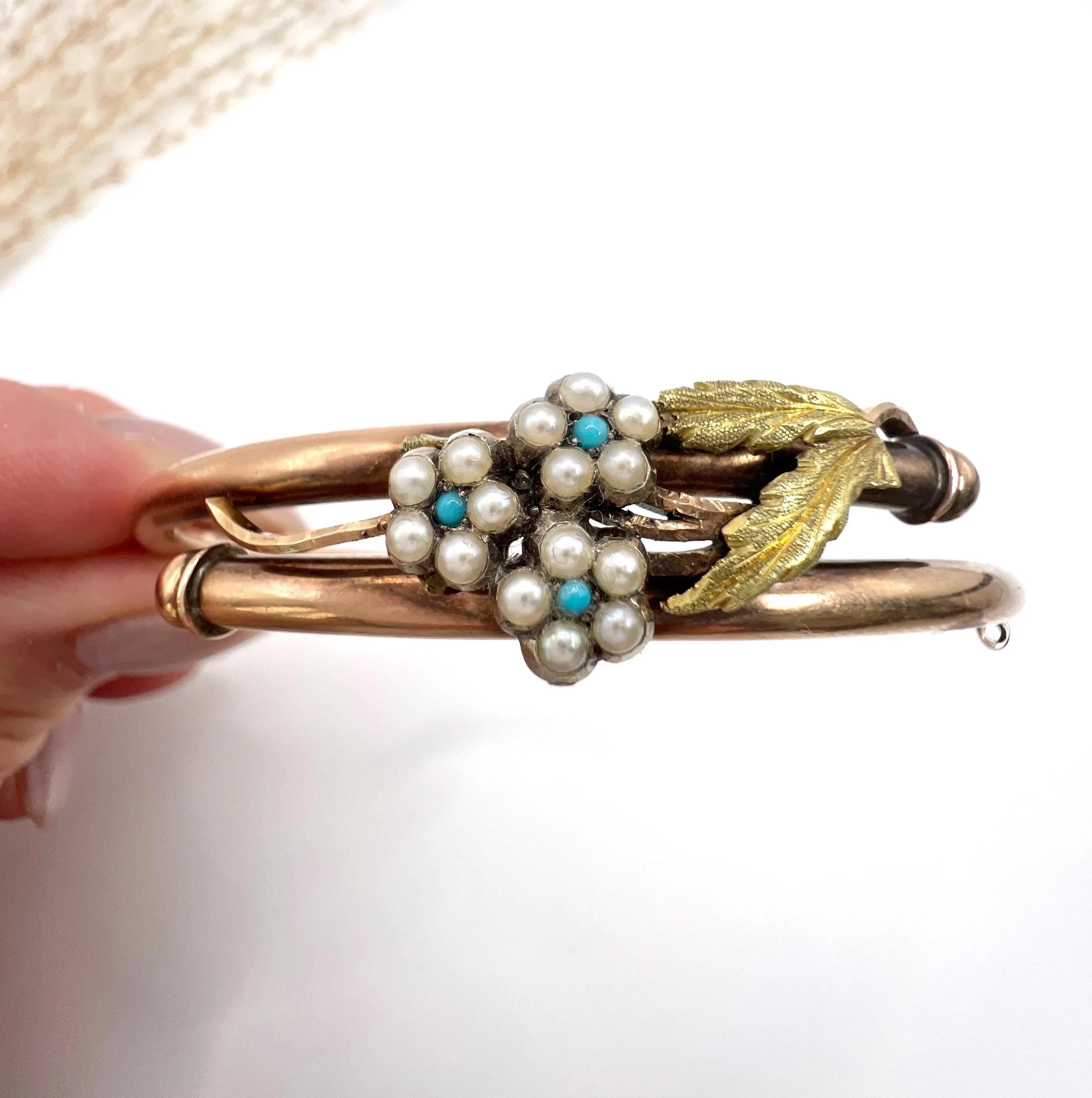 Antique 9ct Gold, Edwardian Turquoise & Natural Seed Pearl Forget Me Not Bangle For Sale 4