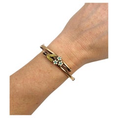 Antique 9ct Gold, Edwardian Turquoise & Natural Seed Pearl Forget Me Not Bangle
