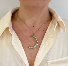 Antique 9ct Gold Edwardian Turquoise & Pearl Crescent Pendant