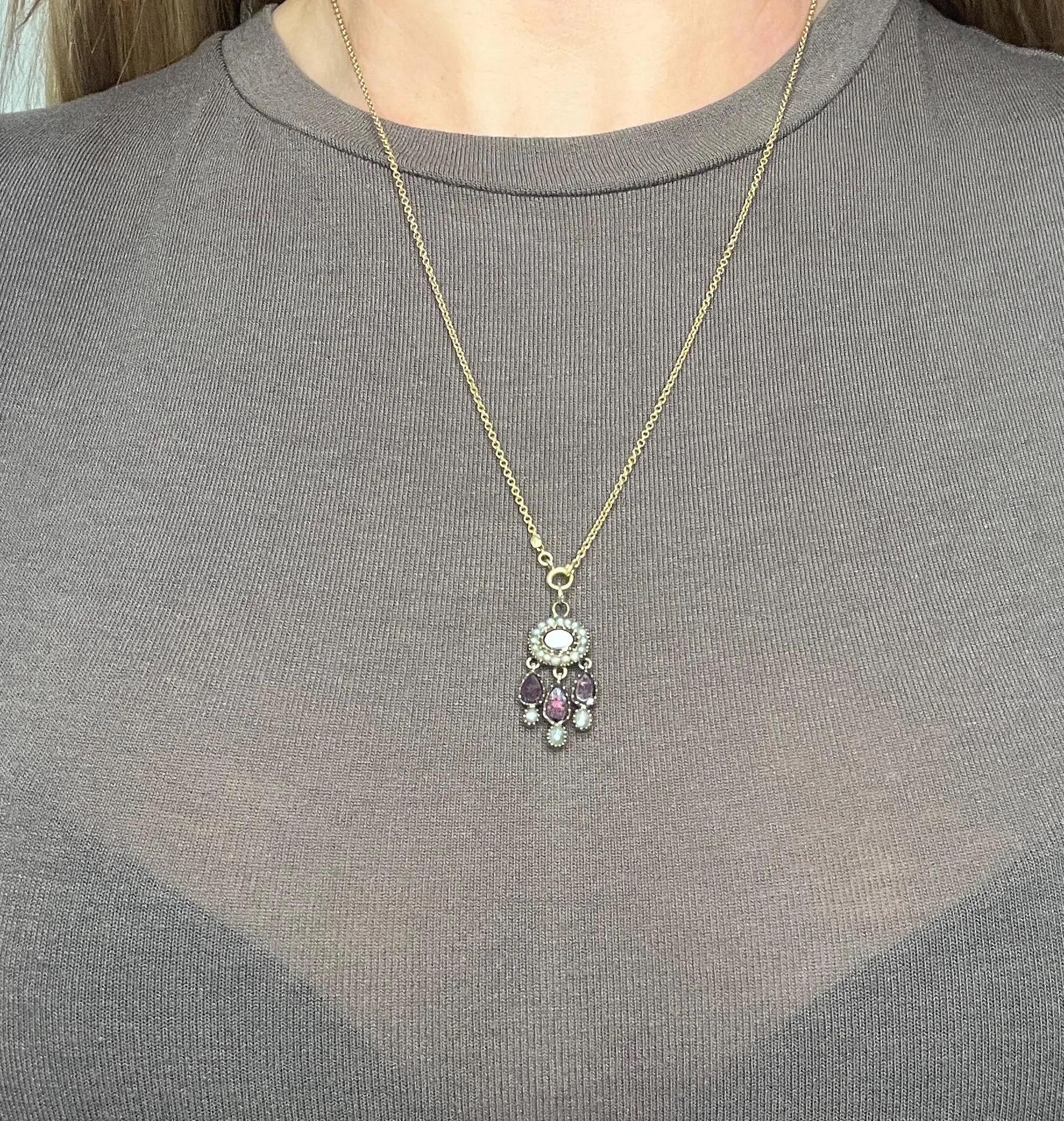 Women's or Men's Antique 9ct Gold, Georgian Flat Cut Garnet & Natural Seed Pearl Teardrop Pendent For Sale