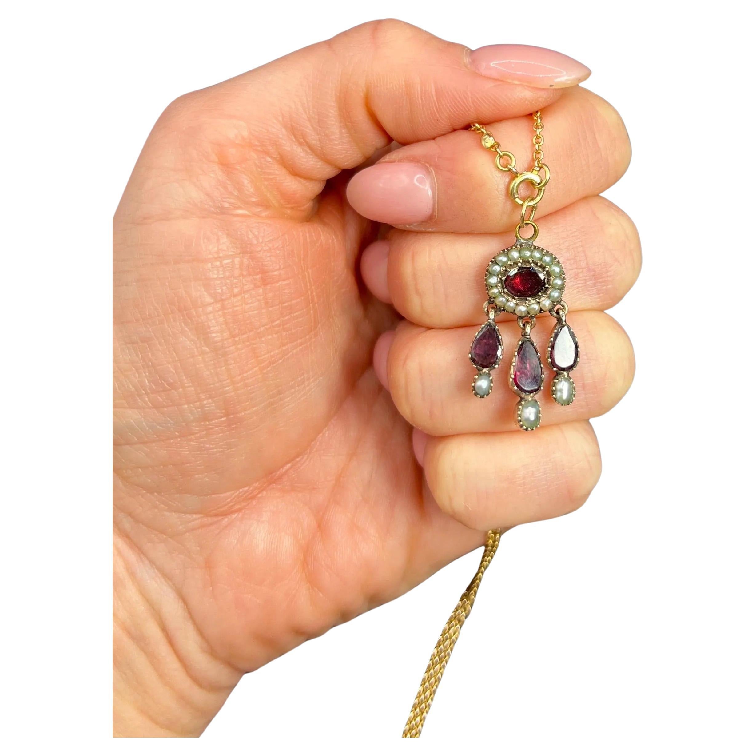 Antique 9ct Gold, Georgian Flat Cut Garnet & Natural Seed Pearl Teardrop Pendent For Sale