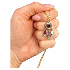 Antique 9ct Gold, Georgian Flat Cut Garnet & Natural Seed Pearl Teardrop Pendent