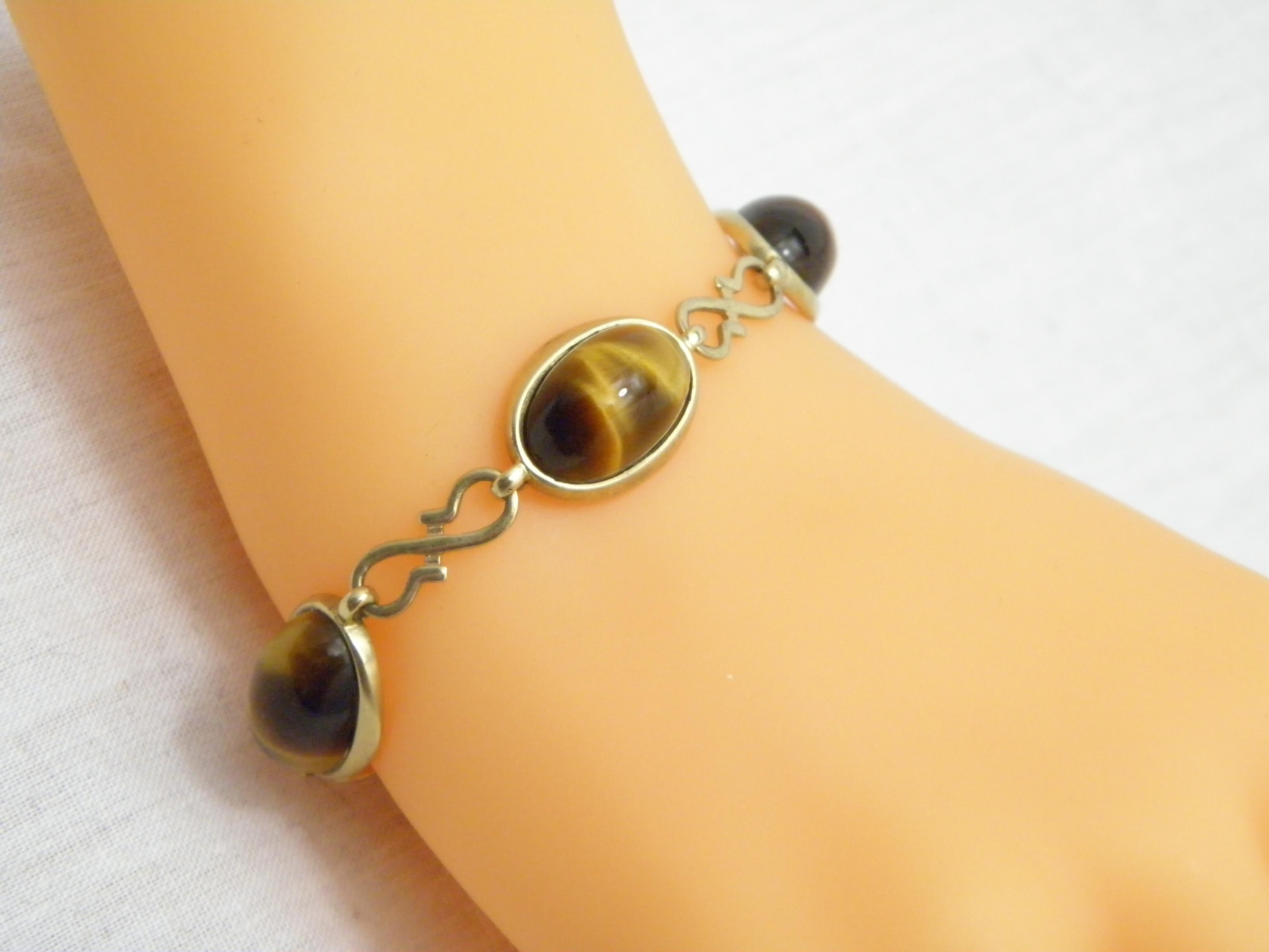 Antique 9ct Gold Heavy Tiger's Eye Bracelet 375 Purity Cabochon 19.7 g For Sale 4