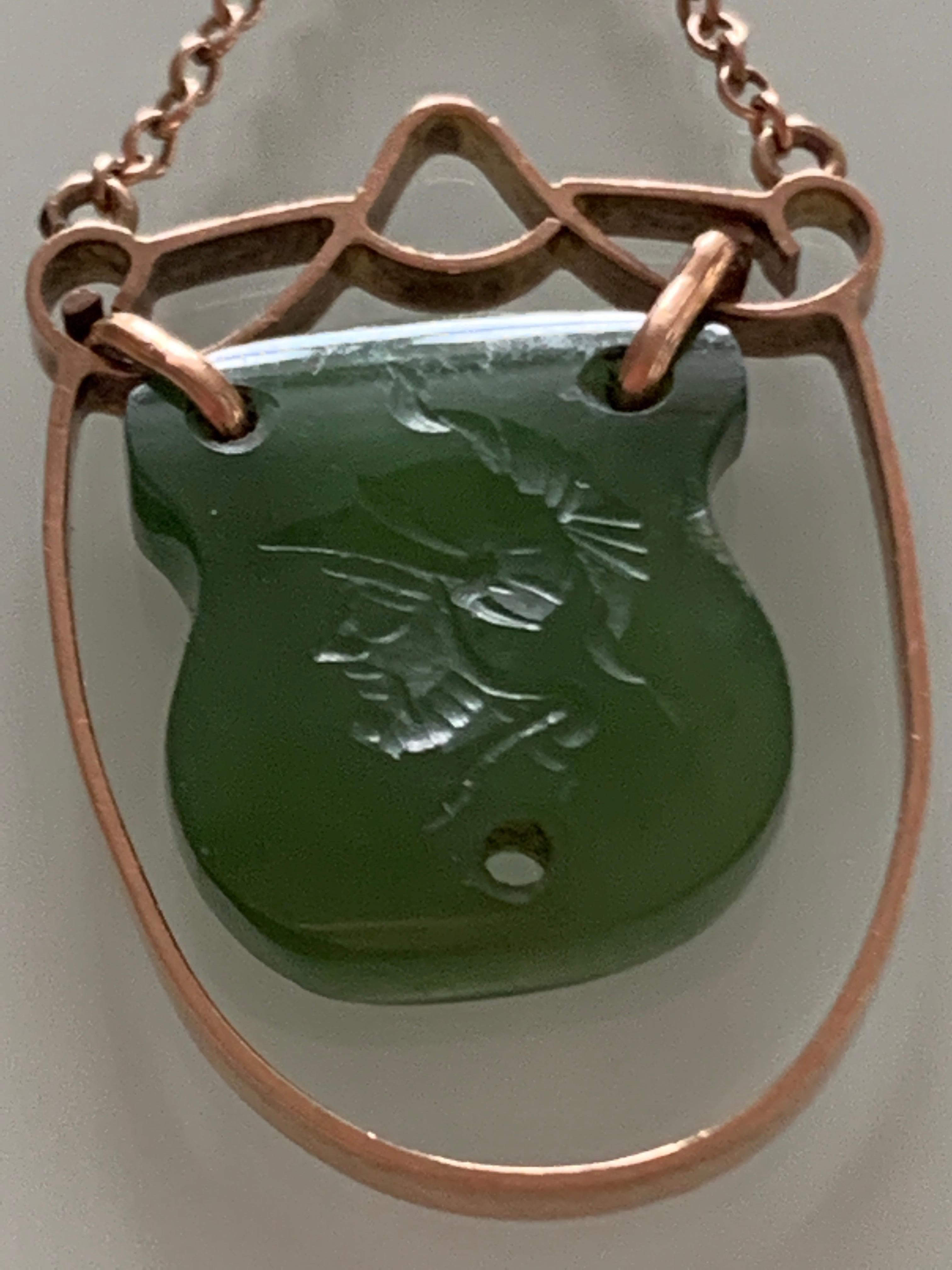 Single Cut Antique 9ct Gold Jade etched Medallion pendant  For Sale