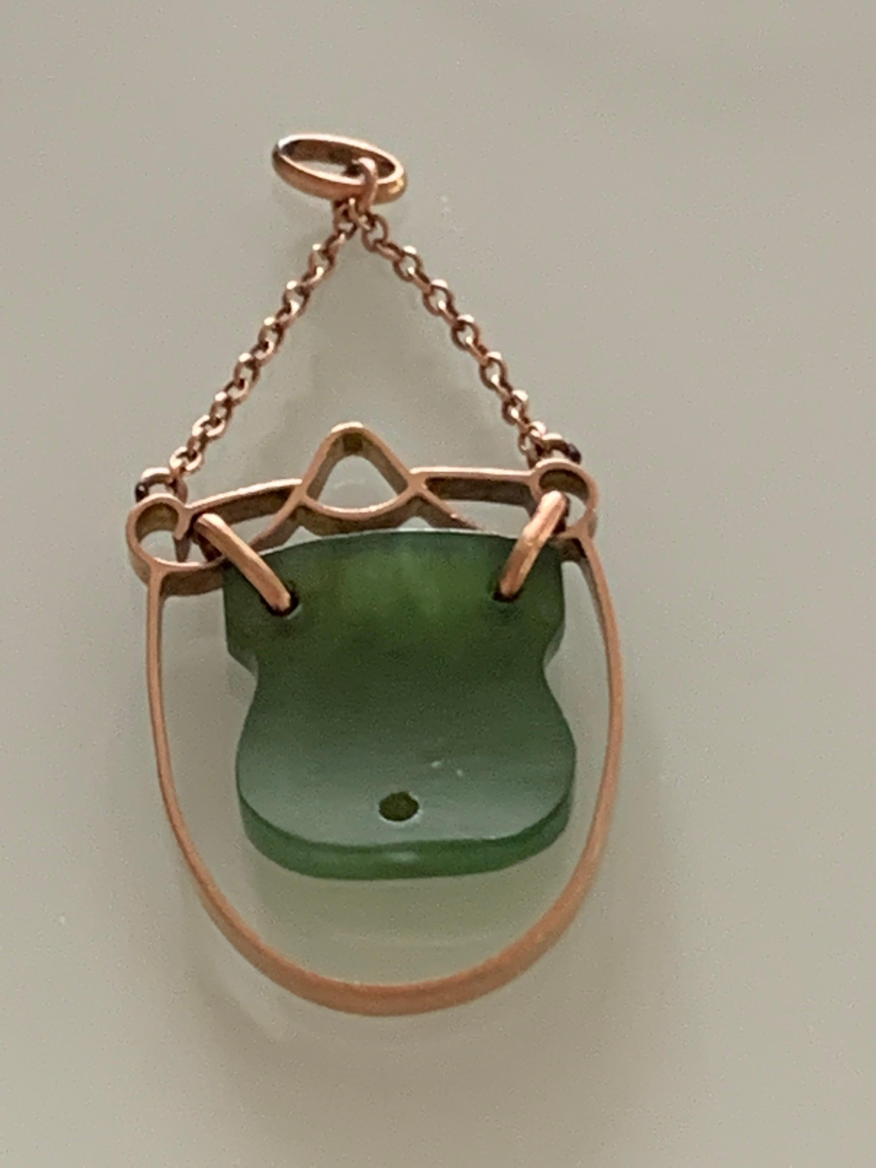 Women's or Men's Antique 9ct Gold Jade etched Medallion pendant  For Sale